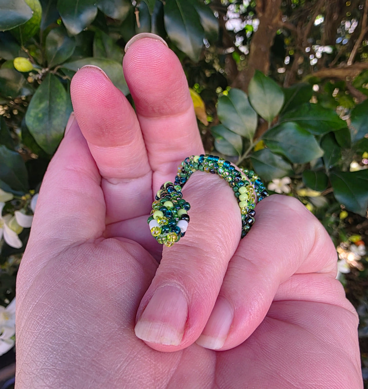 Flexible Beaded Snake Ring - Greenie