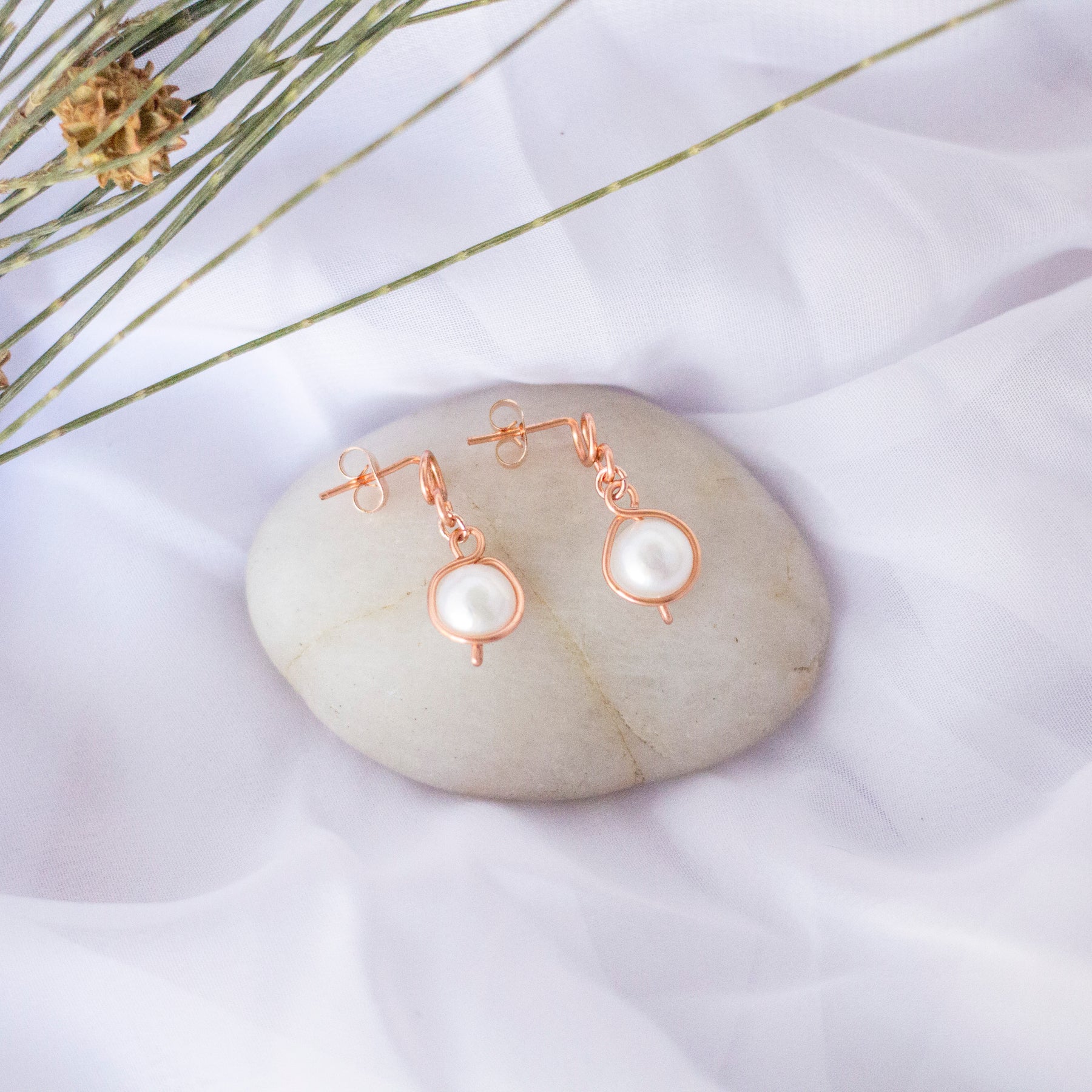 Baroque Pearl Bright Copper Loop Stud Earrings | Rose Gold Coloured
