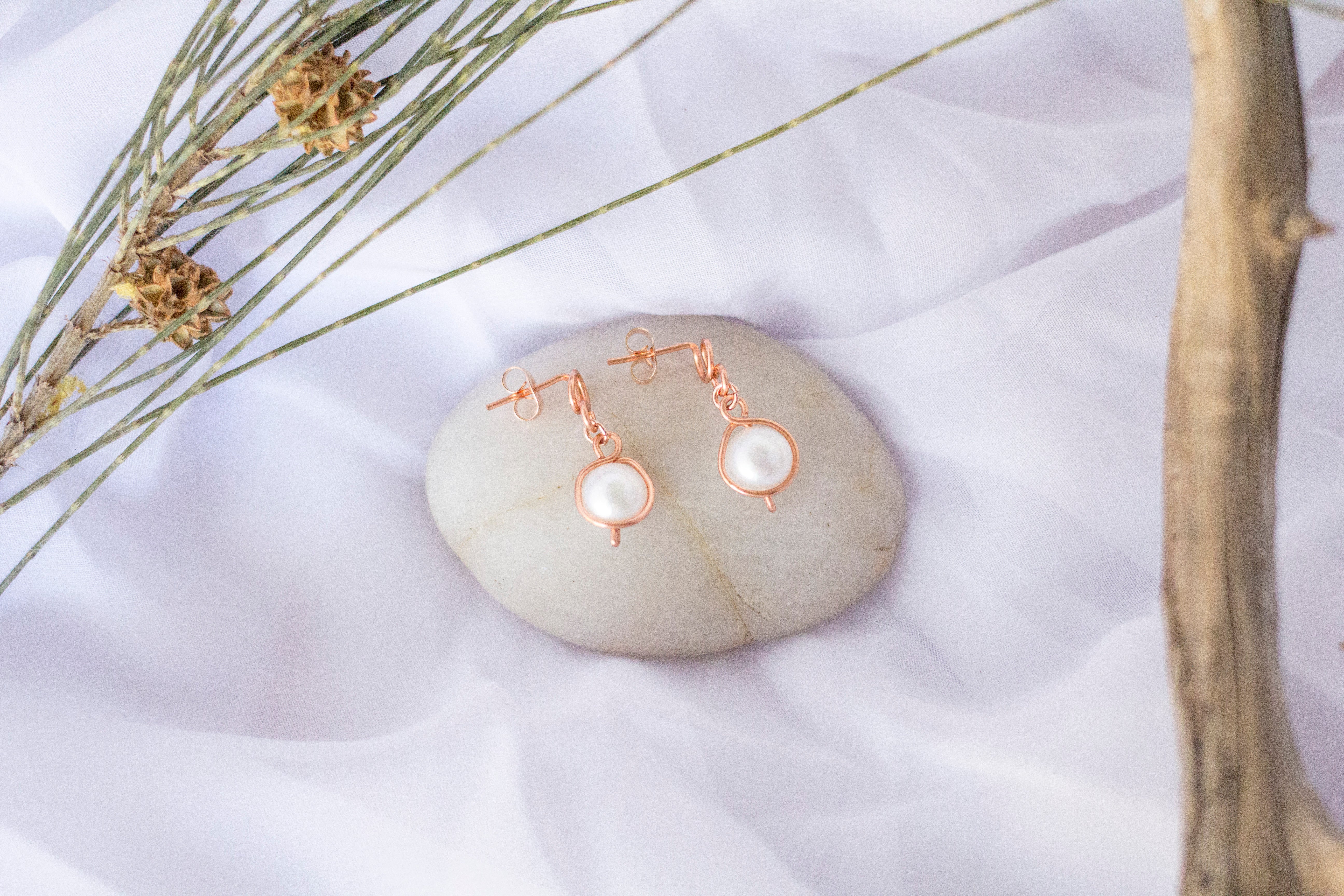 Baroque Pearl Bright Copper Loop Stud Earrings | Rose Gold Coloured