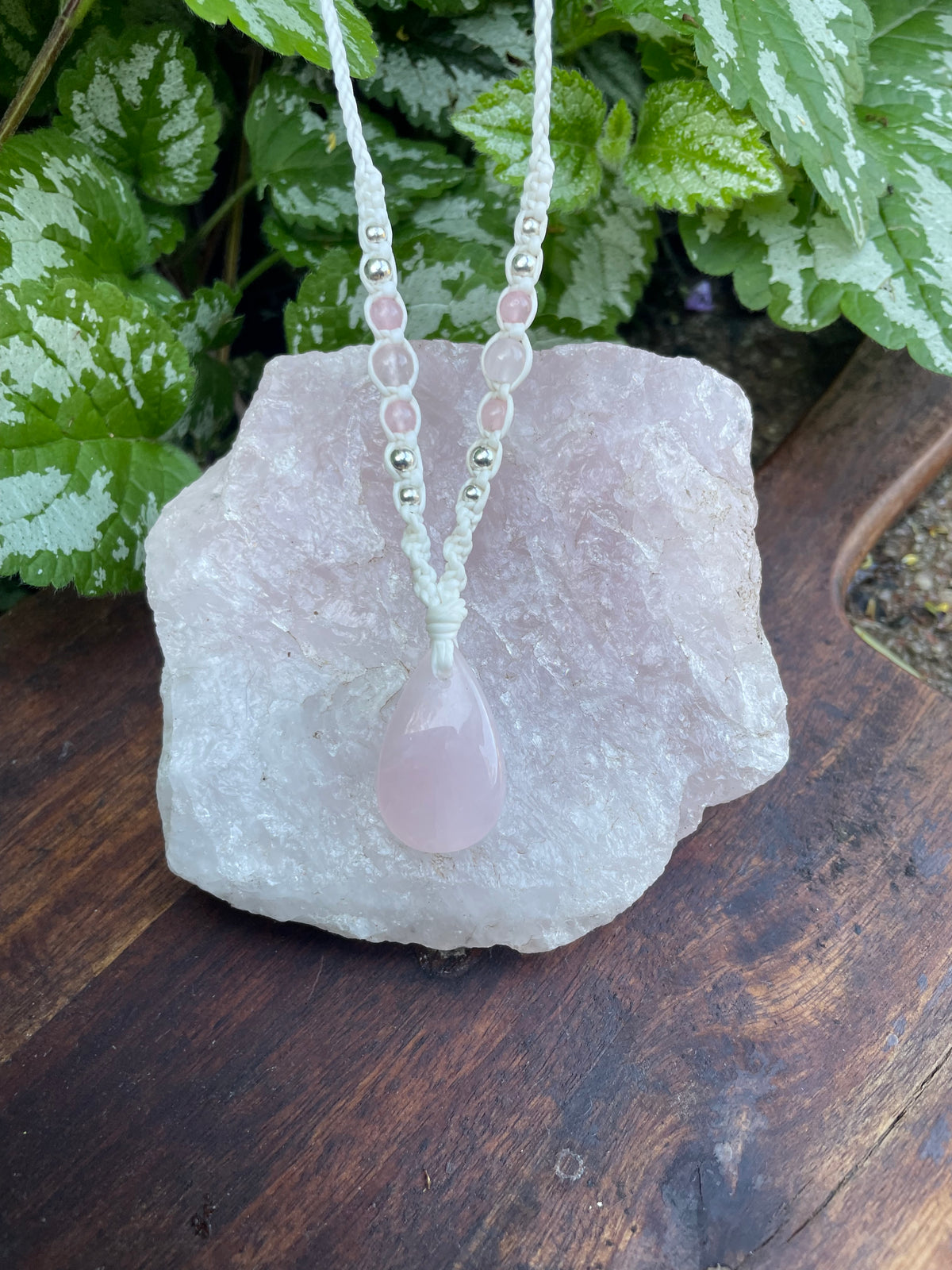 Rose Quartz Pendant, Tear drop, macrame Necklace, adjustable