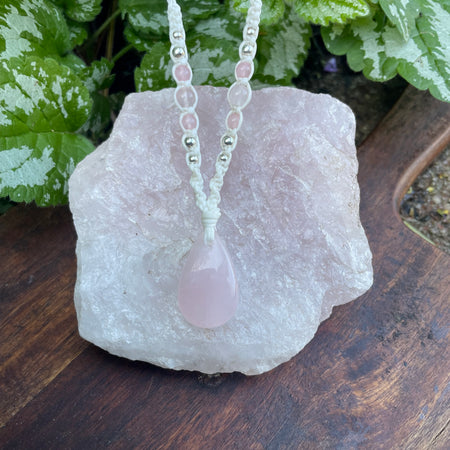 Rose Quartz Pendant, Tear drop, macrame Necklace, adjustable