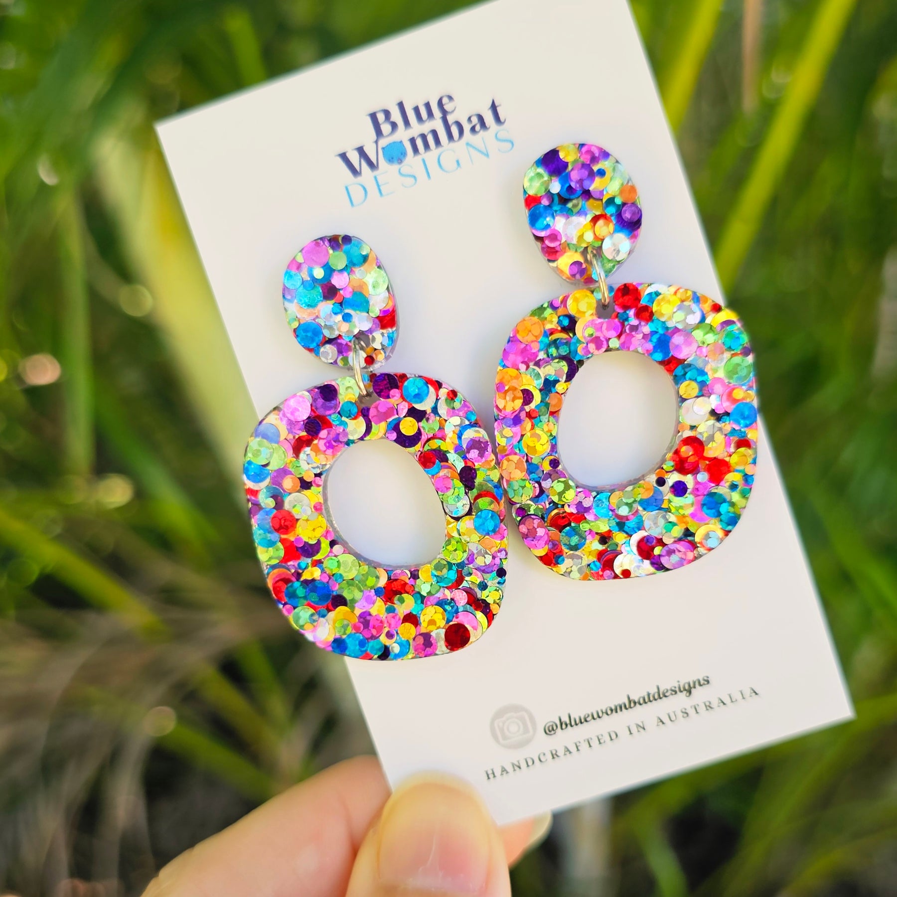 Rainbow Glitter Resin Organic Shape Hoop Dangle Earrings