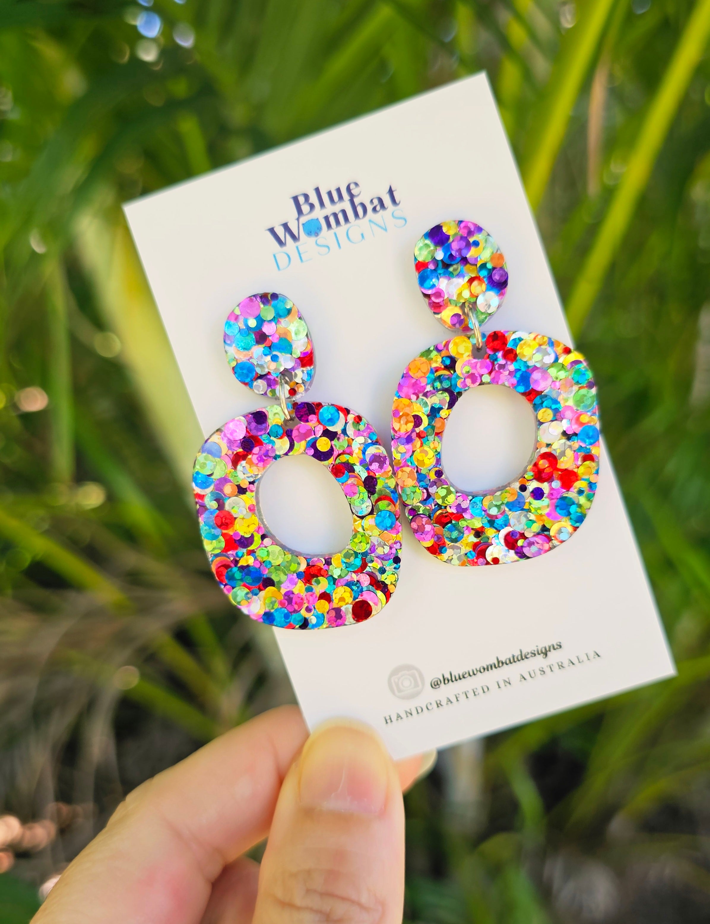 Rainbow Glitter Resin Organic Shape Hoop Dangle Earrings