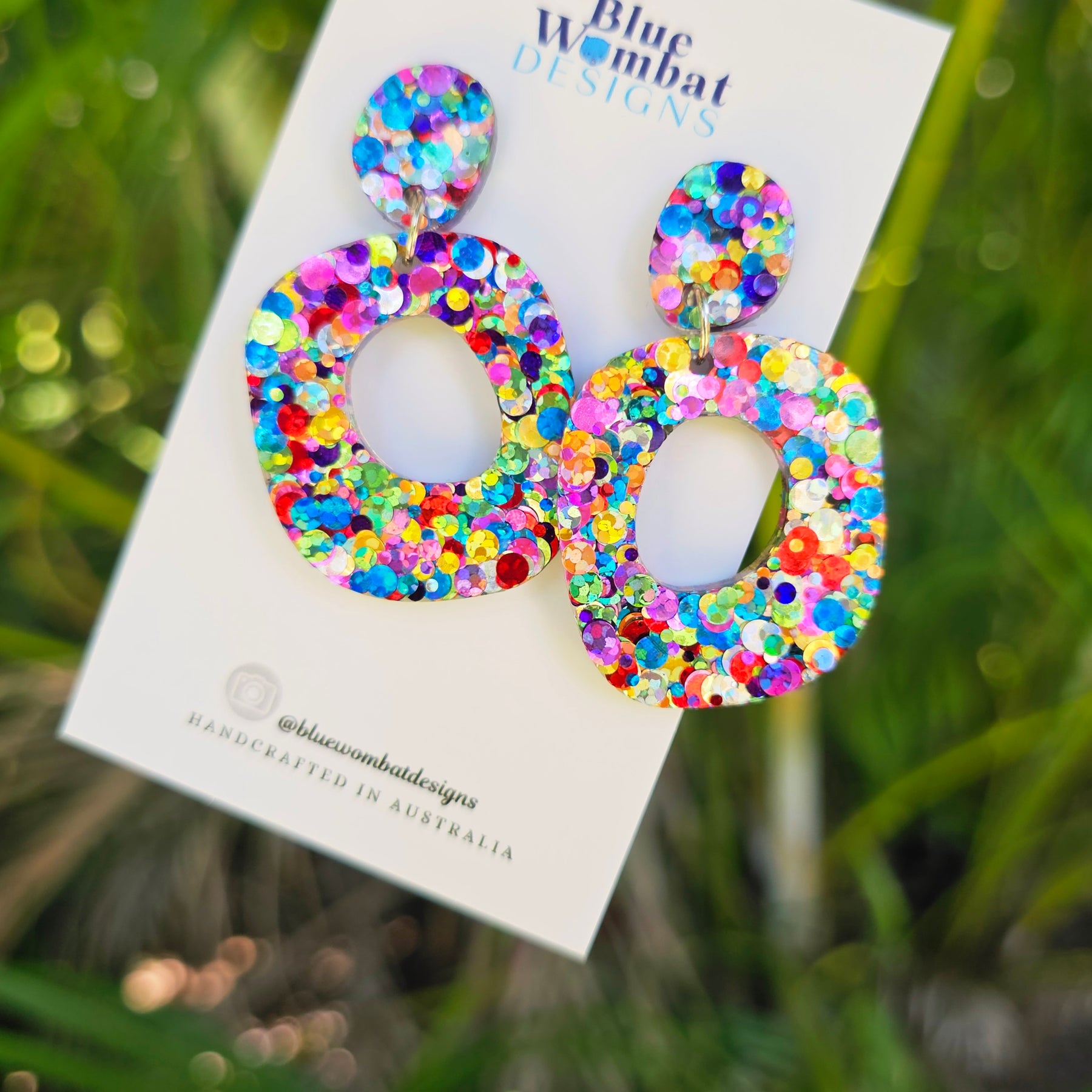 Rainbow Glitter Resin Organic Shape Hoop Dangle Earrings