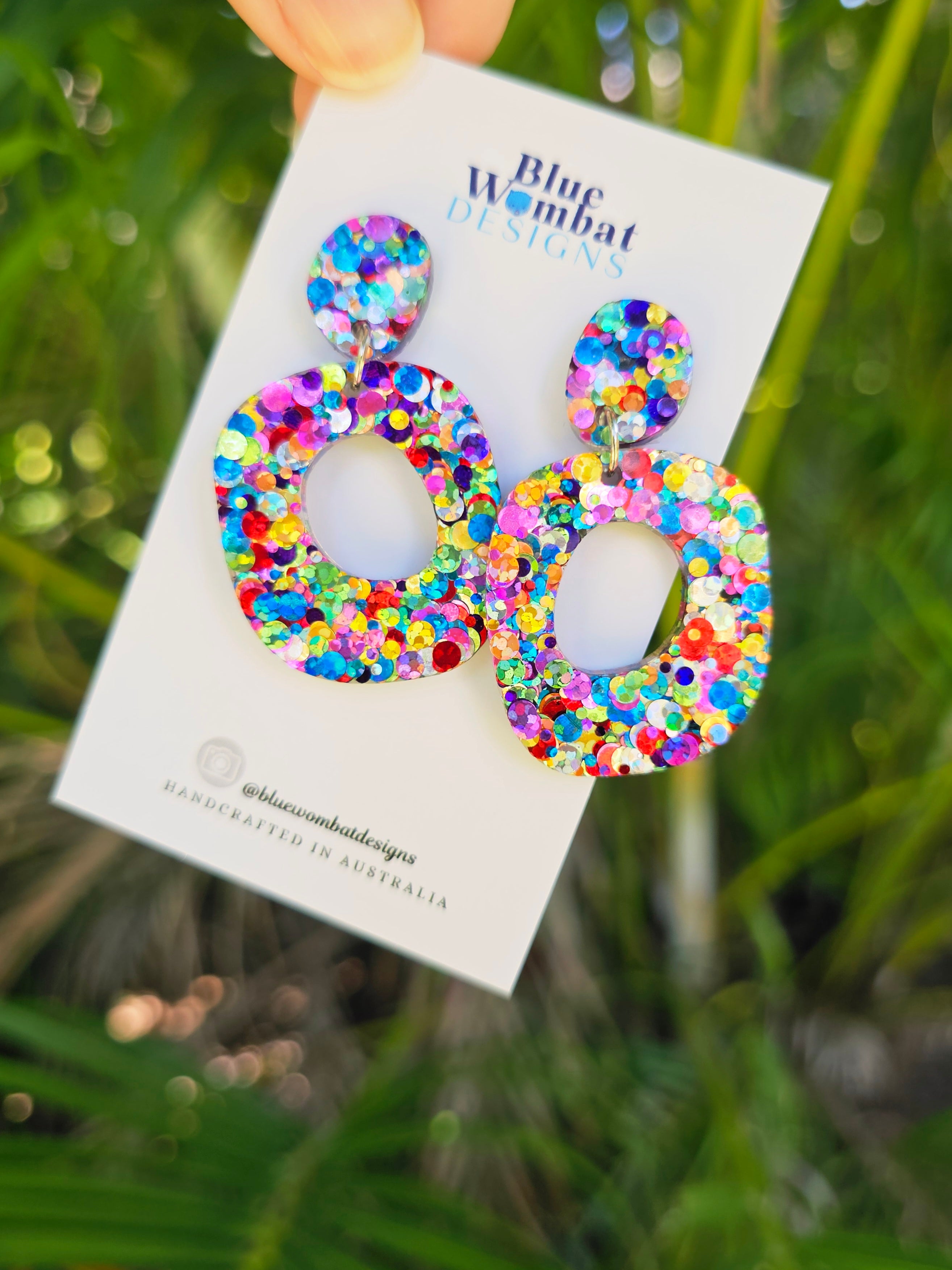 Rainbow Glitter Resin Organic Shape Hoop Dangle Earrings