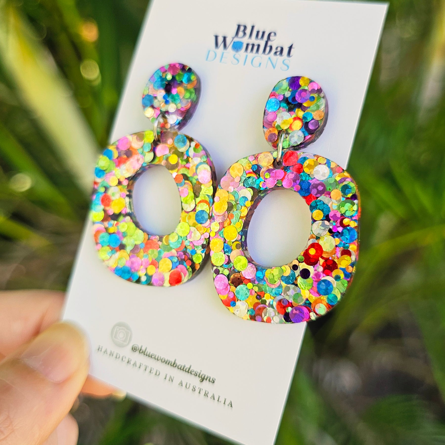 Rainbow Glitter Resin Organic Shape Hoop Dangle Earrings