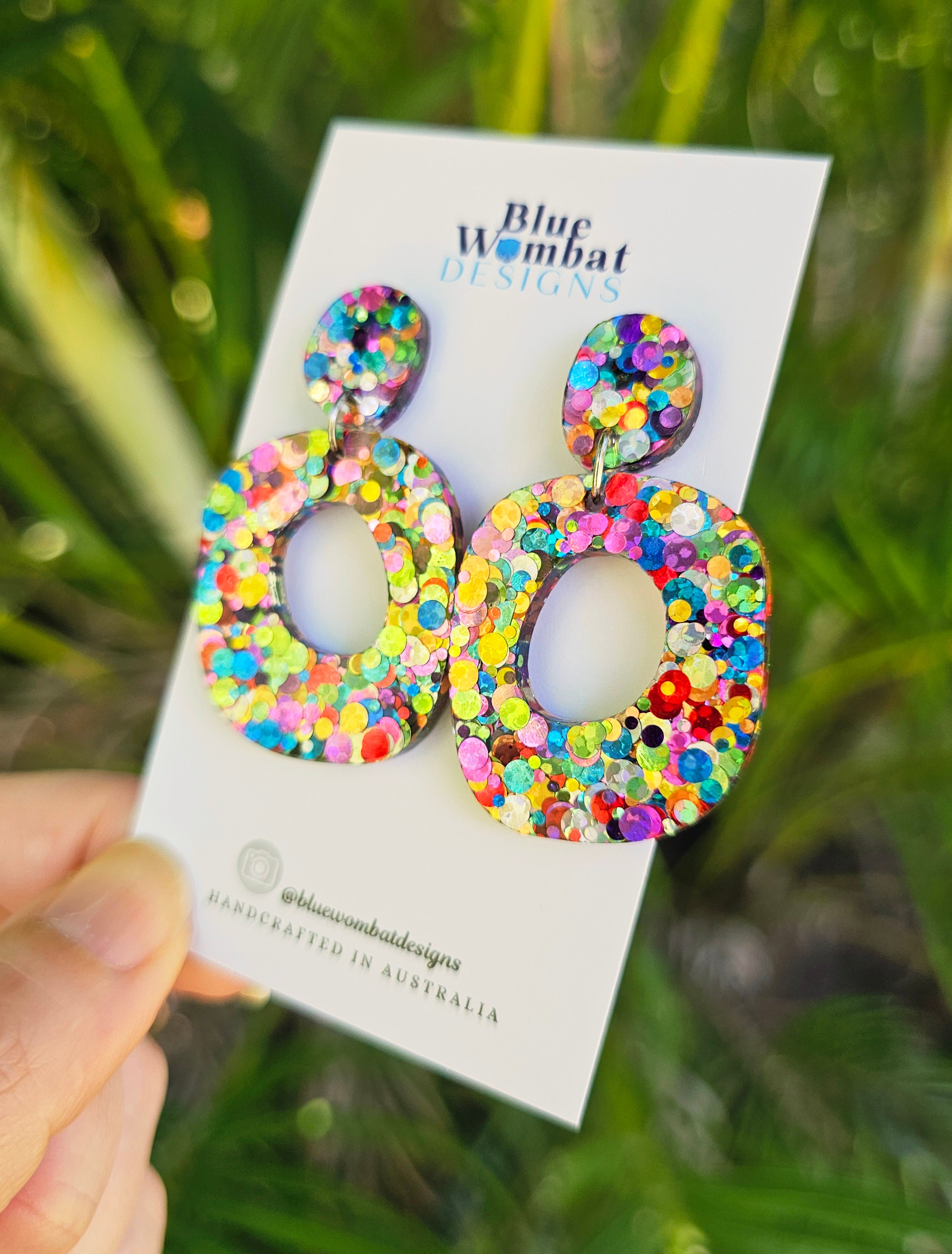 Rainbow Glitter Resin Organic Shape Hoop Dangle Earrings