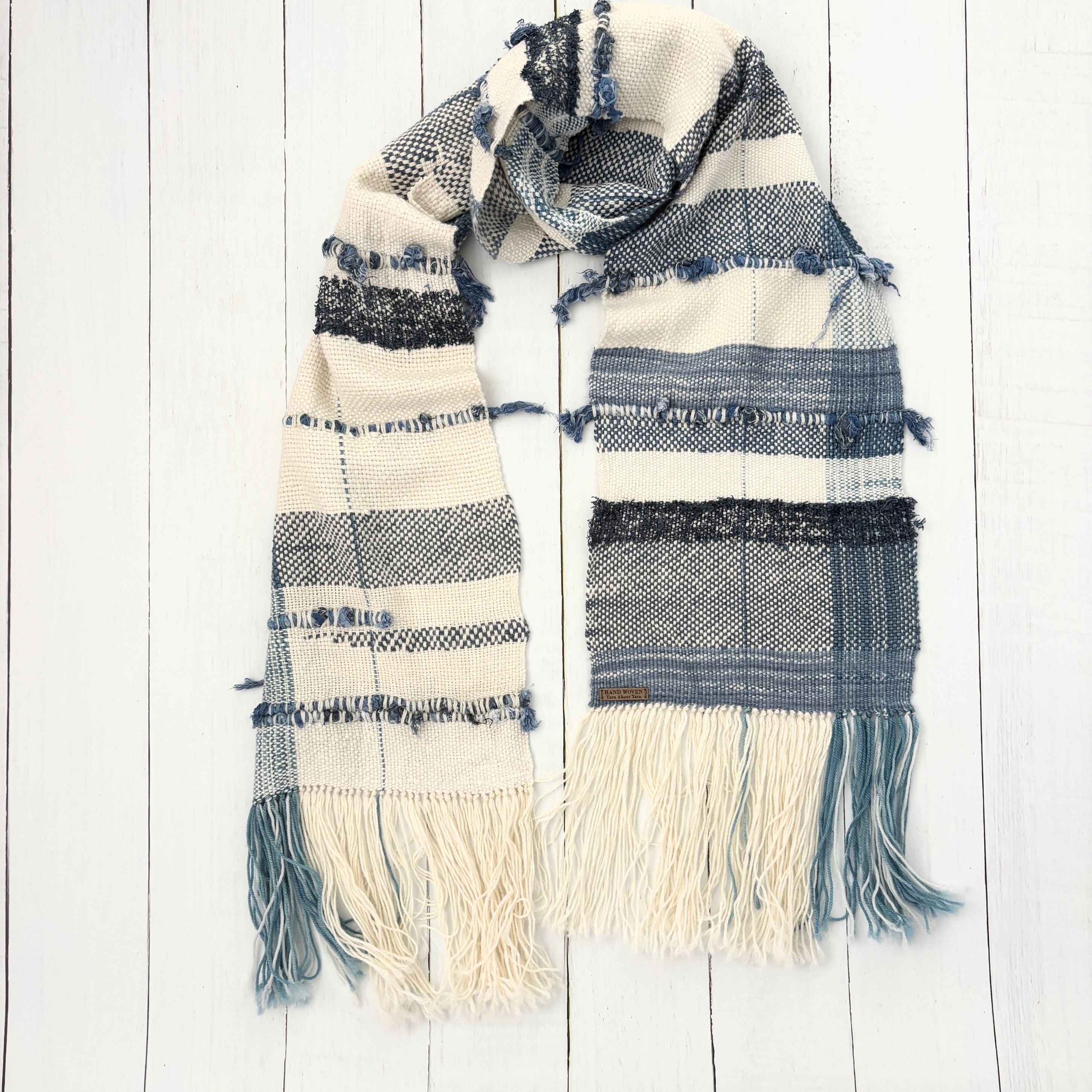 Handwoven Scarf - Blue - White