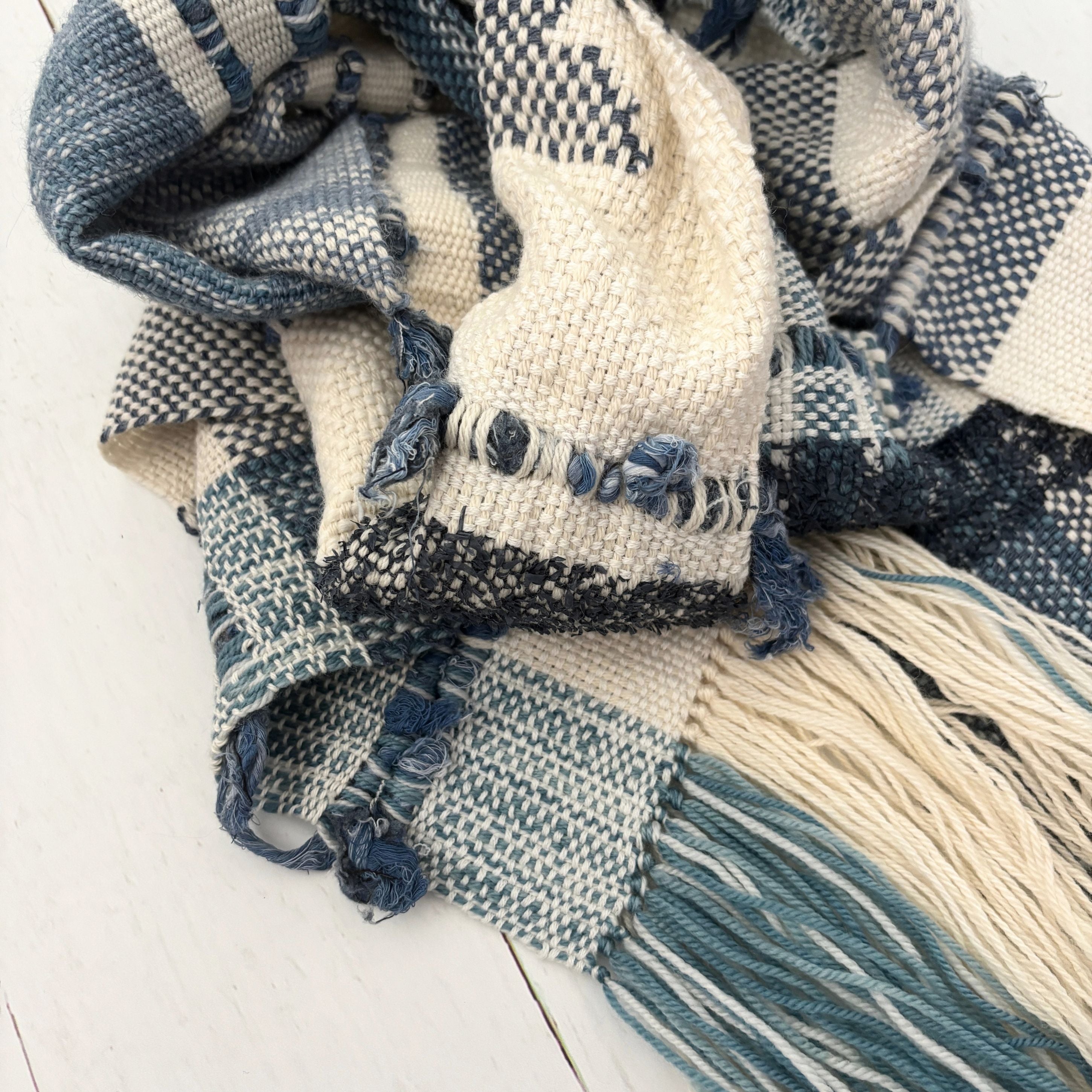 Handwoven Scarf - Blue - White