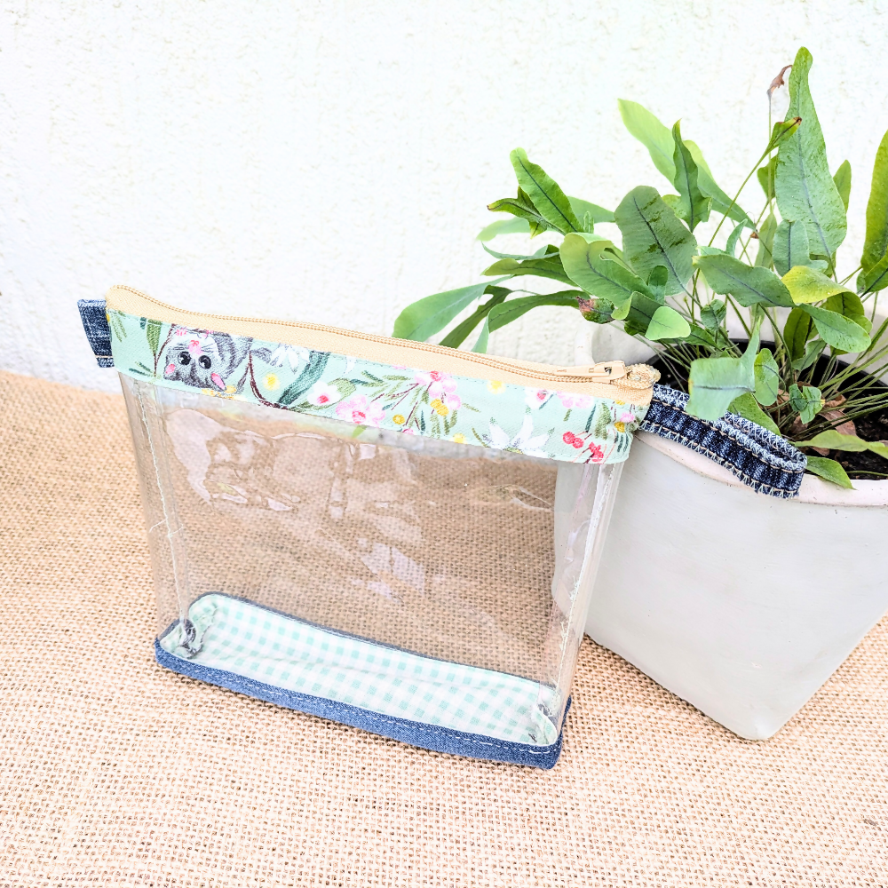 Clear Pouch with Upcycled Denim base Green Possum