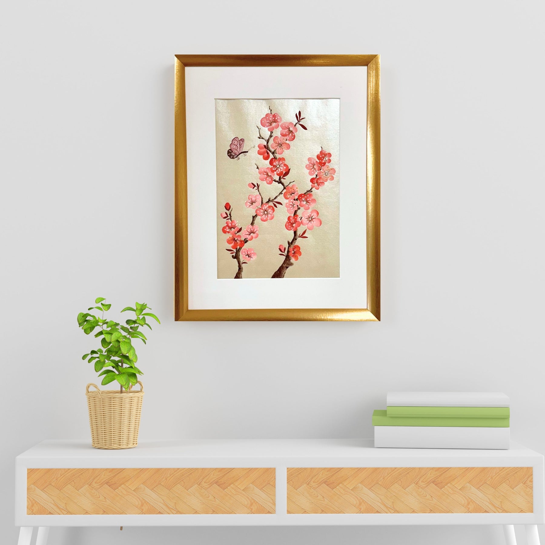 Original Plum Blossom & Butterfly Painting | Chinoiserie Floral Art on Champagne Gold Xuan Paper | Gouache Artwork | Lunar New Year | Gift