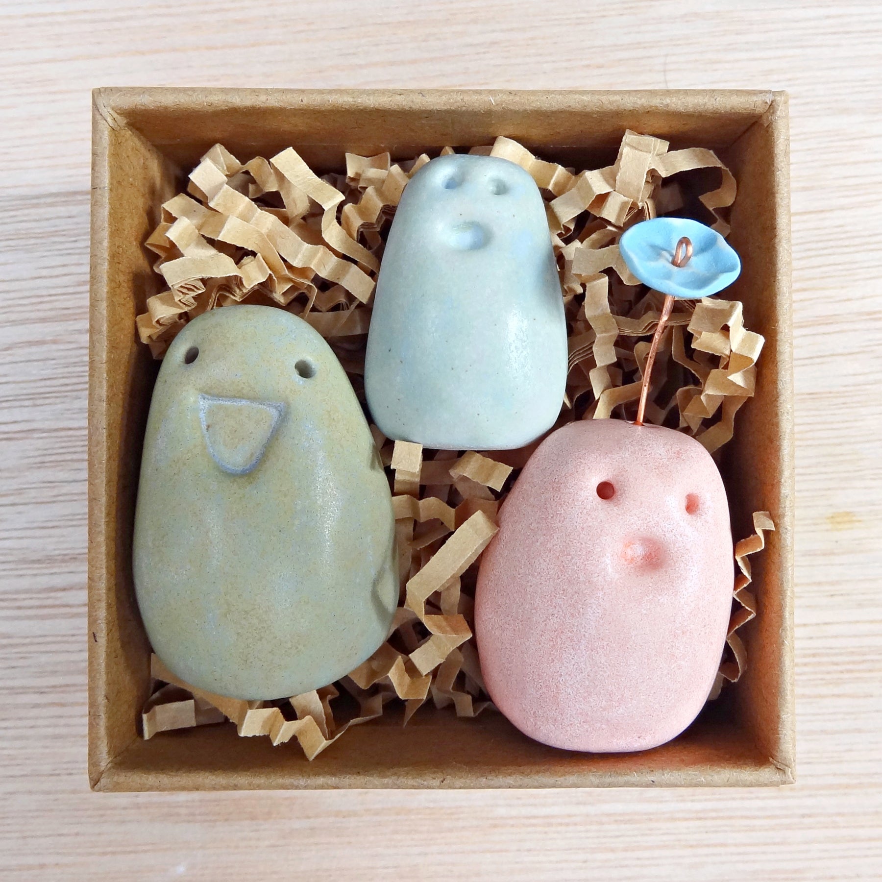 Set of 3 miniature ceramic pebble pets. Collectable tiny ceramic pottery stone friends. Handmade Whimsical Shelf or desk decor