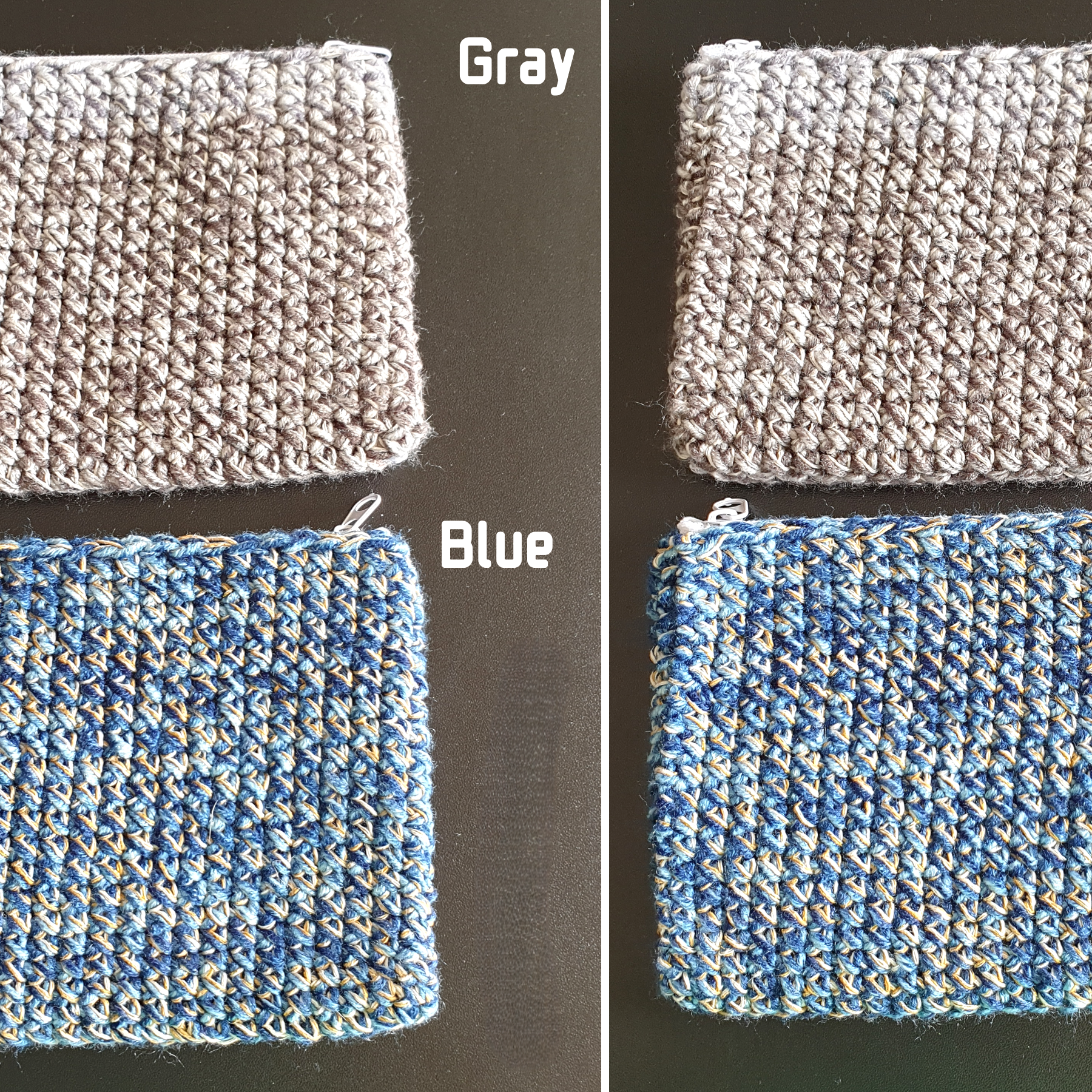 Handmade Zippered Crochet Travel Purse : Blue Gray Brown & Gold Silver mix