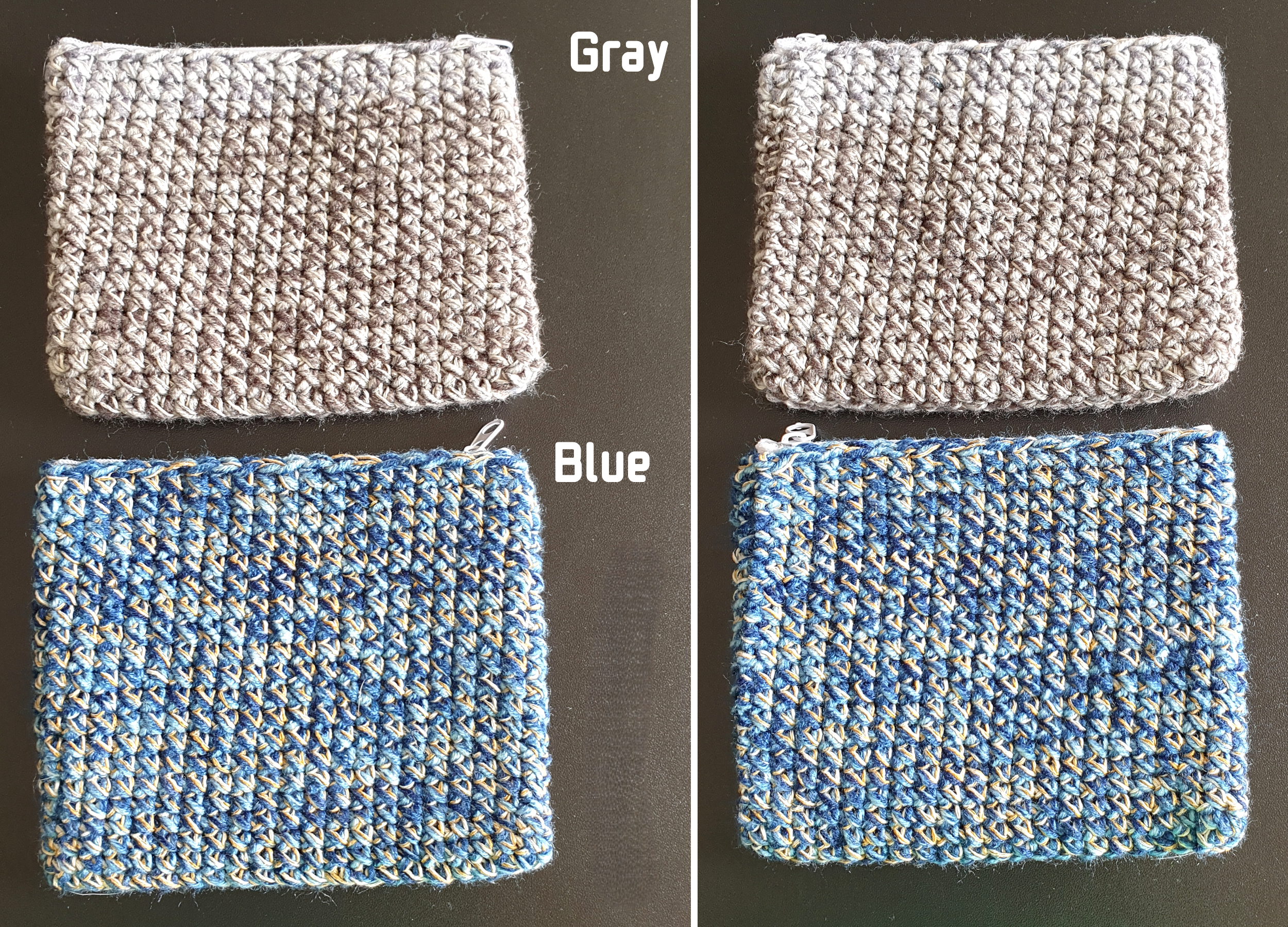 Handmade Zippered Crochet Travel Purse : Blue Gray Brown & Gold Silver mix