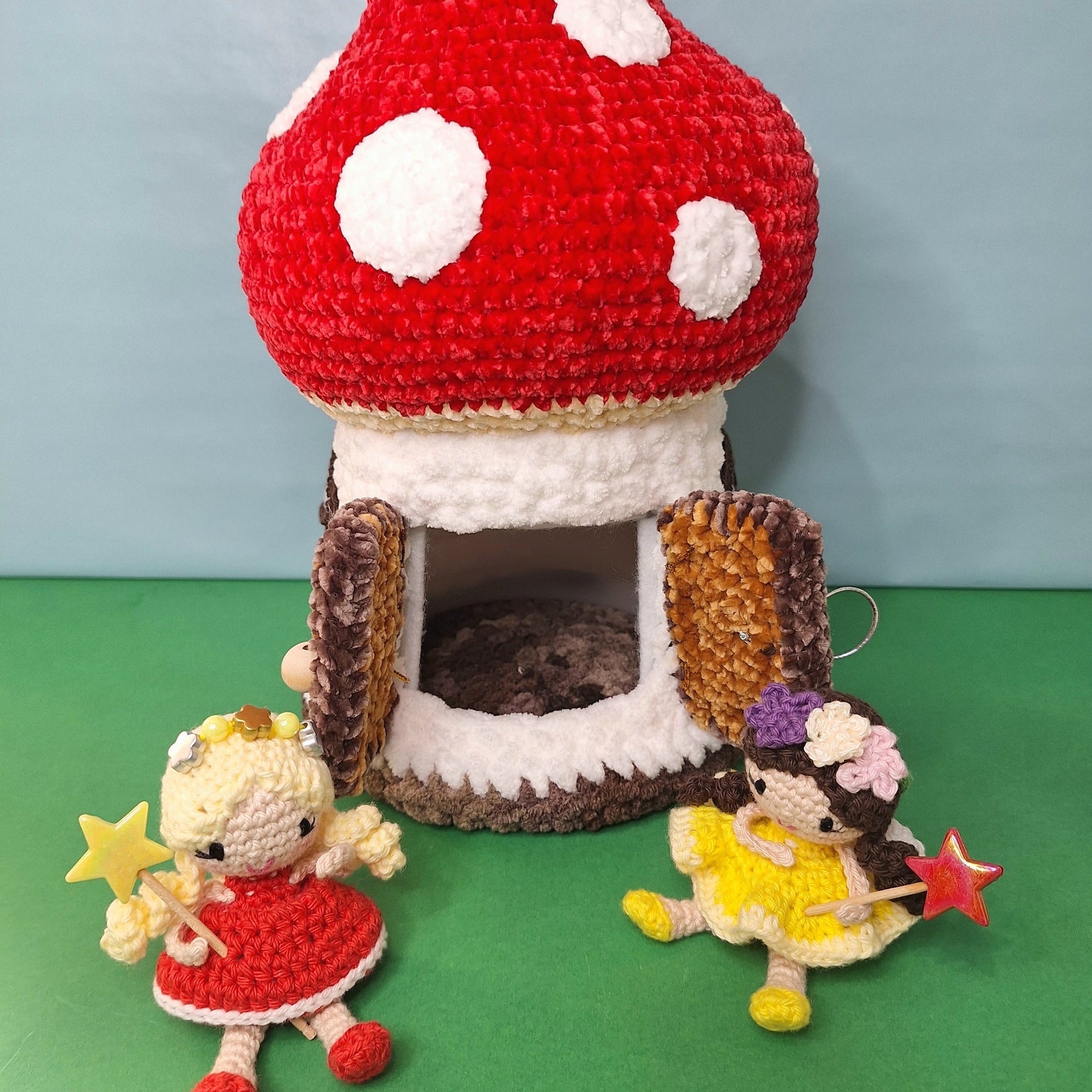 Crocheted Mushroom House Play Set with Two Fairies