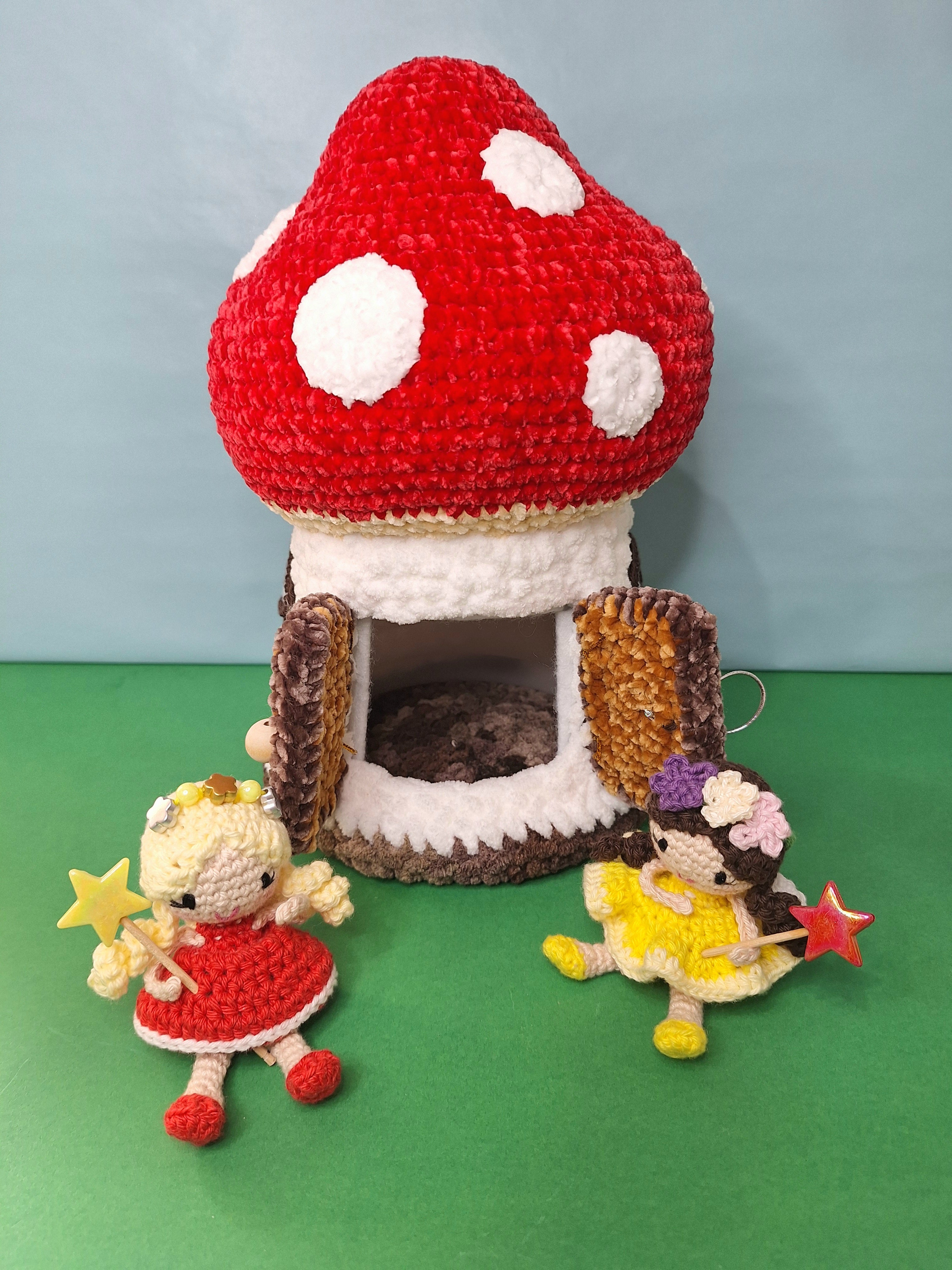 Crocheted Mushroom House Play Set with Two Fairies