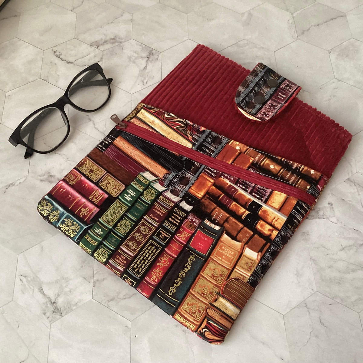 Library books fabric book sleeve with 2 pockets. iPad, tablet pouch