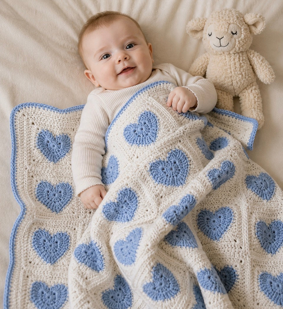 Blue and White Heart Crochet Baby Blanket | Handmade Baby Shower Gift Newborn Keepsake Blanket
