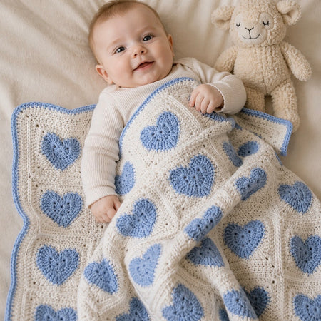 Blue and White Heart Crochet Baby Blanket | Handmade Baby Shower Gift Newborn Keepsake Blanket