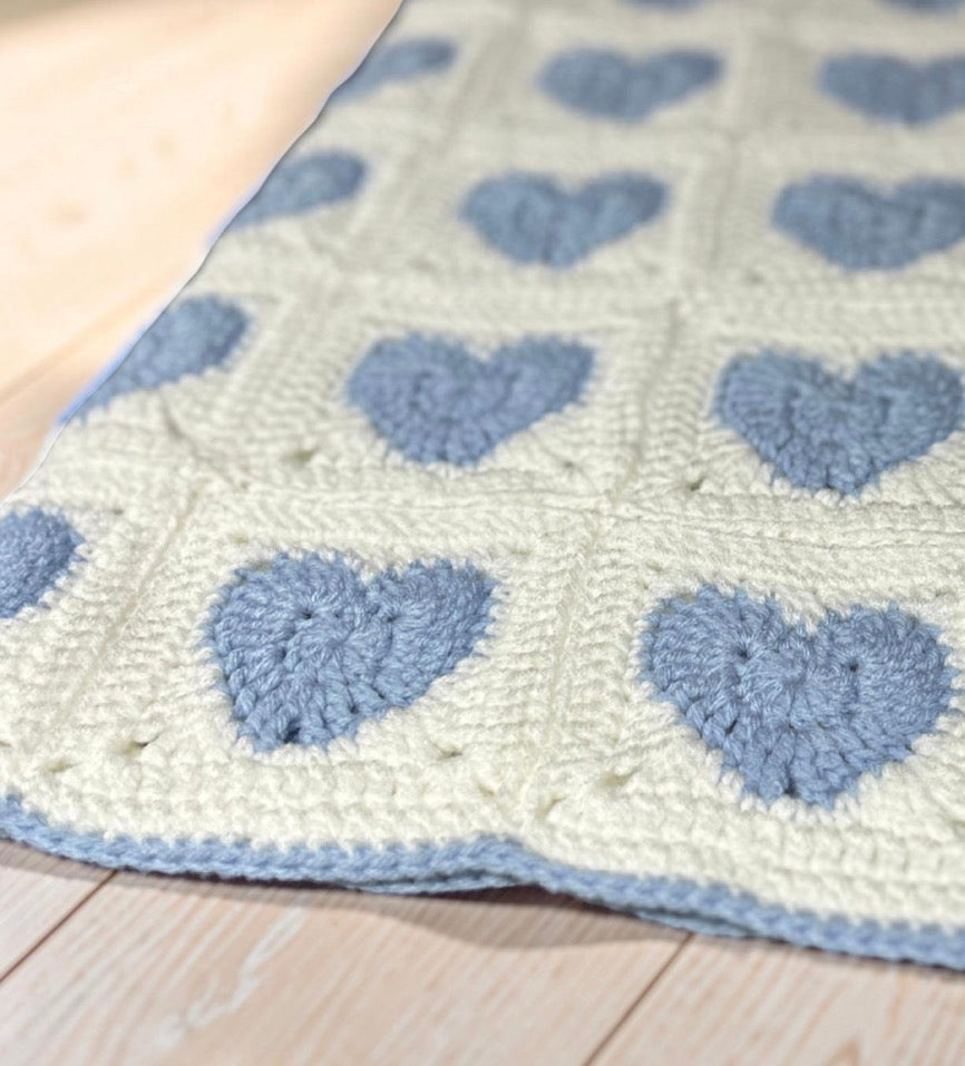 Blue and White Heart Crochet Baby Blanket | Handmade Baby Shower Gift Newborn Keepsake Blanket