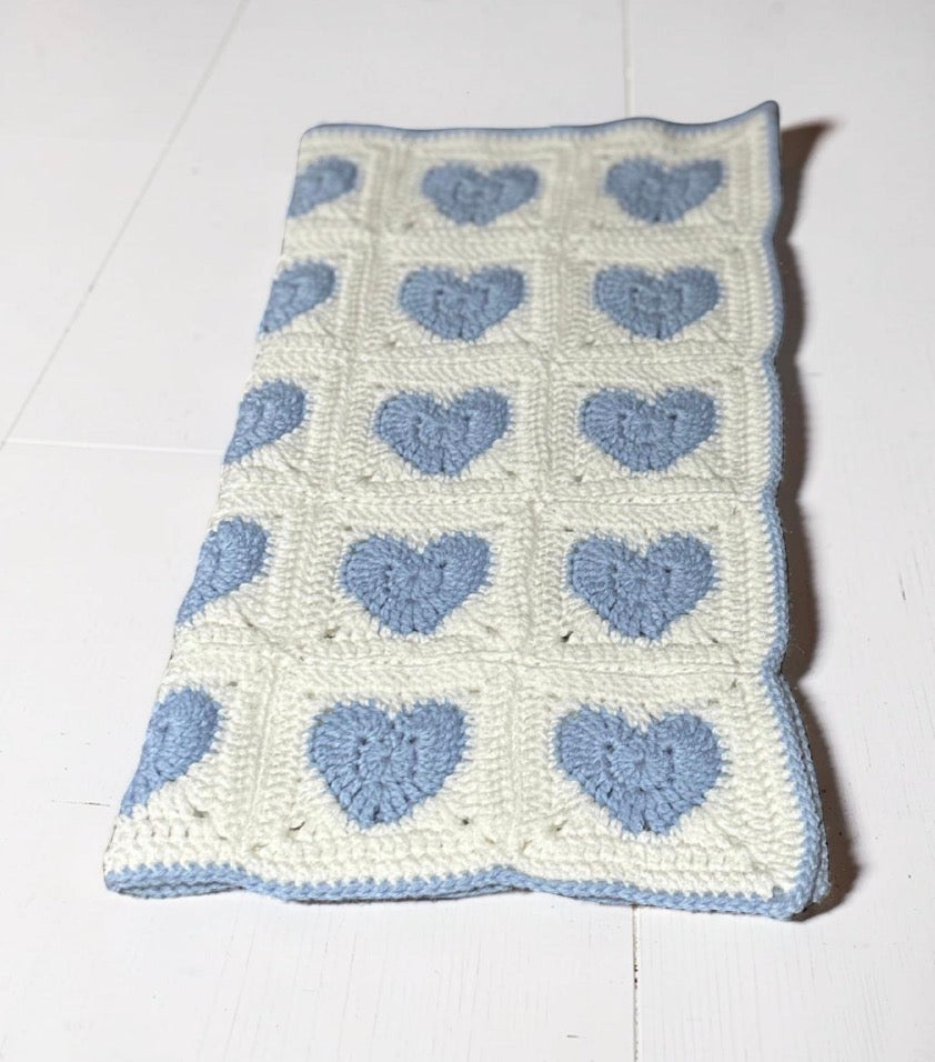 Blue and White Heart Crochet Baby Blanket | Handmade Baby Shower Gift Newborn Keepsake Blanket