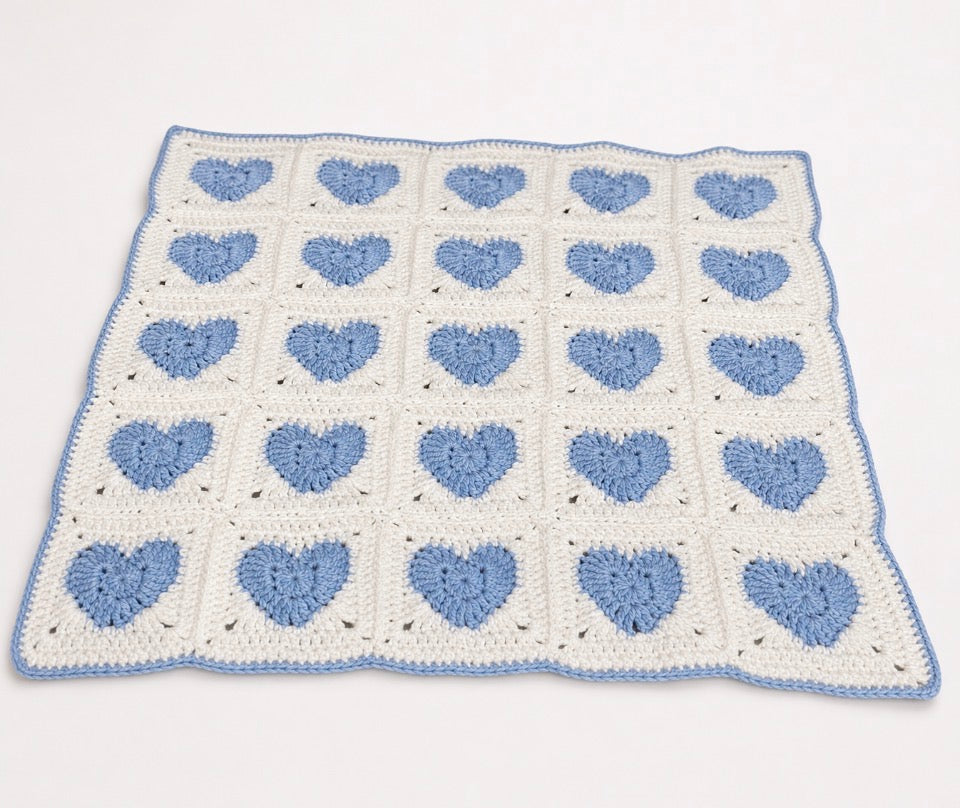 Blue and White Heart Crochet Baby Blanket | Handmade Baby Shower Gift Newborn Keepsake Blanket