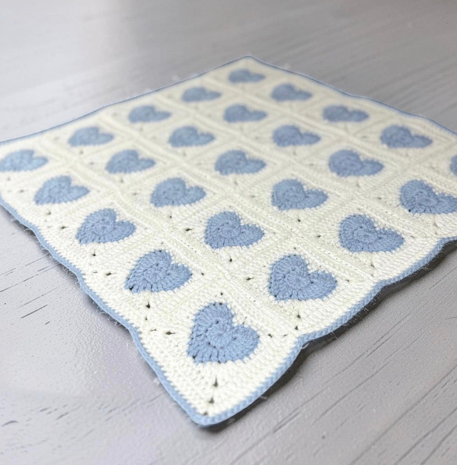 Blue and White Heart Crochet Baby Blanket | Handmade Baby Shower Gift Newborn Keepsake Blanket
