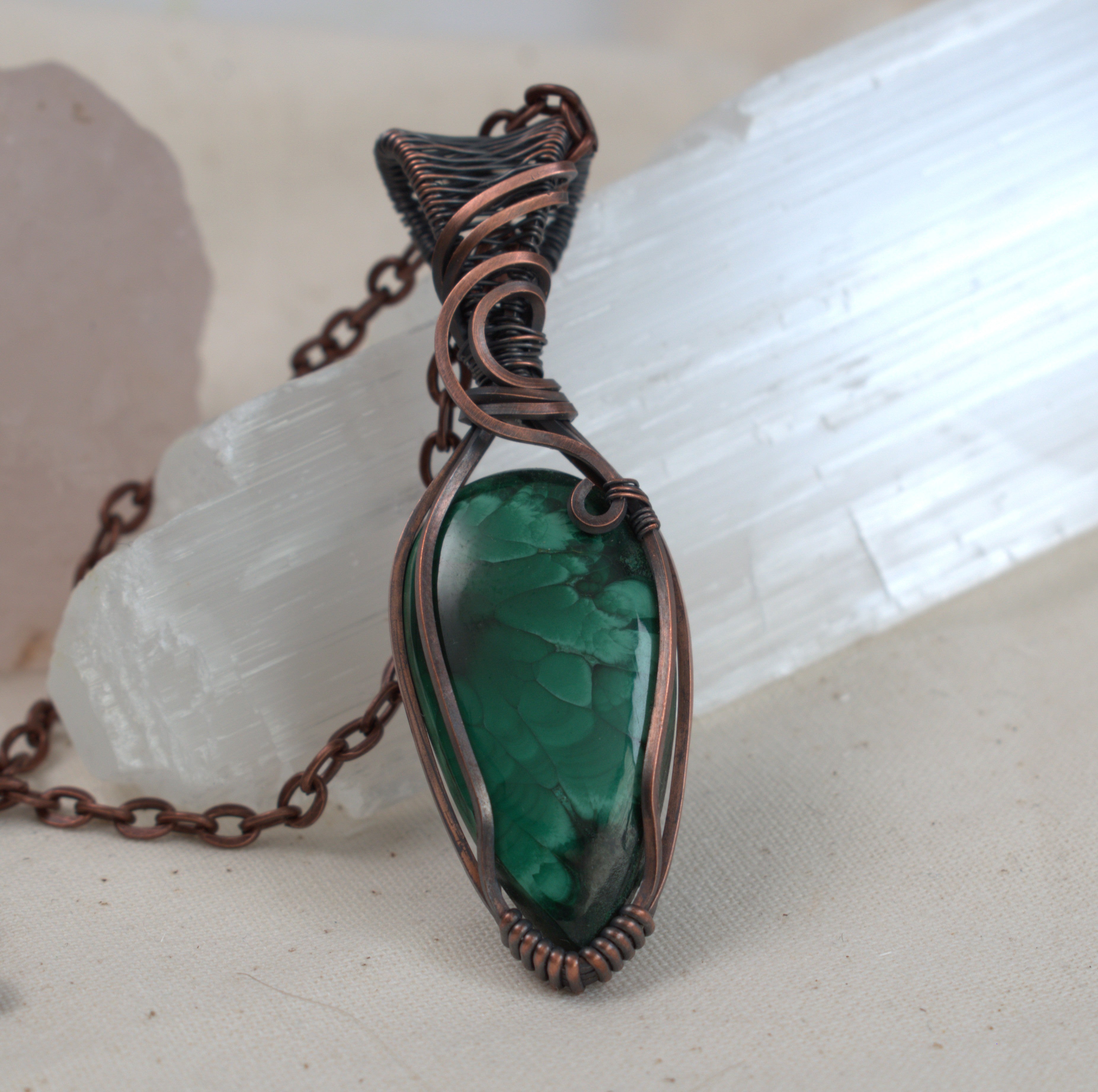 Emerald Bloom - Malachite Pendant Wrapped in Copper