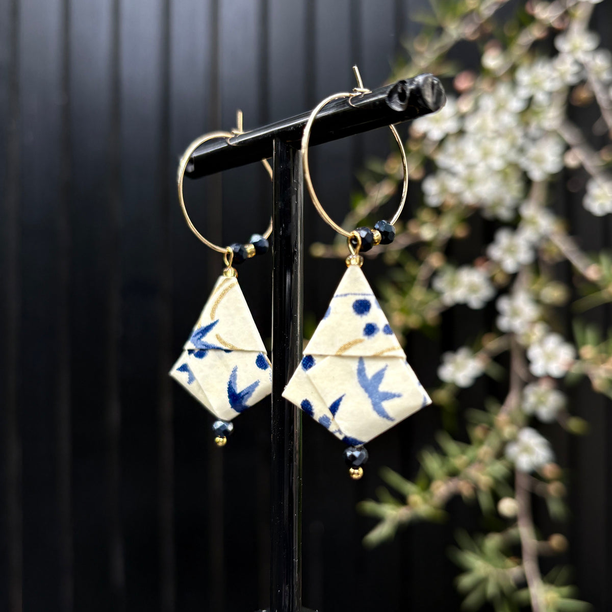 Origami Hoop Earrings – Blue and Gold Autumn Leaves on Japanese paper