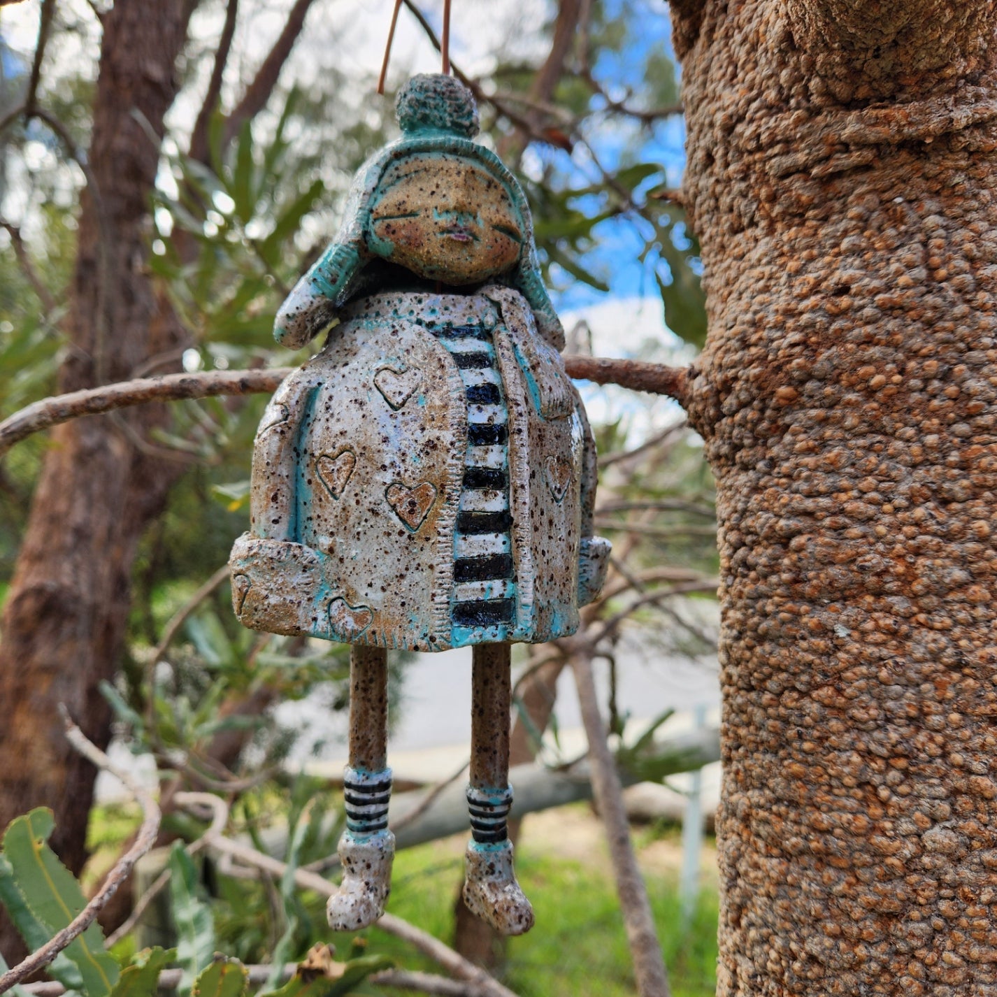 Clay windchime, little girl, hearts