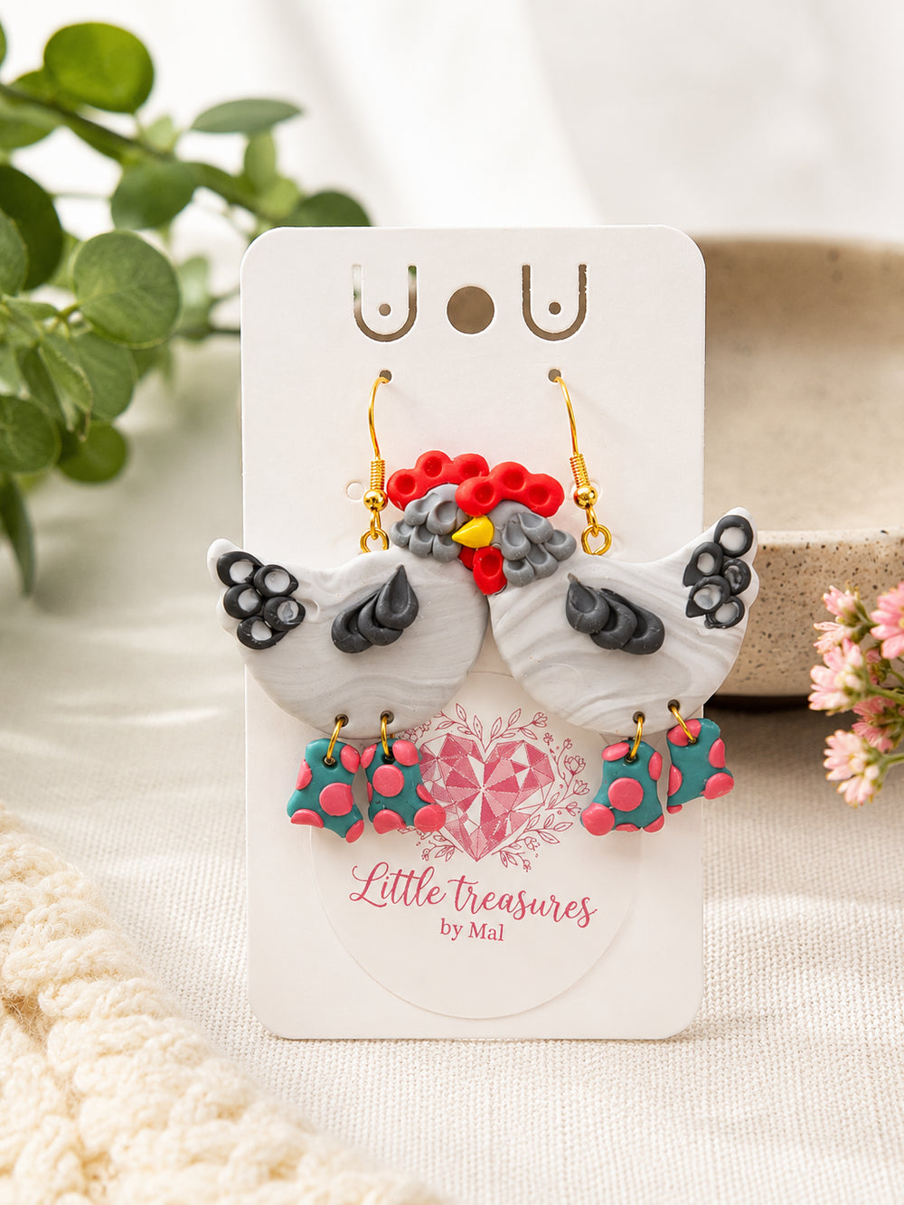Handmade chicken earrings