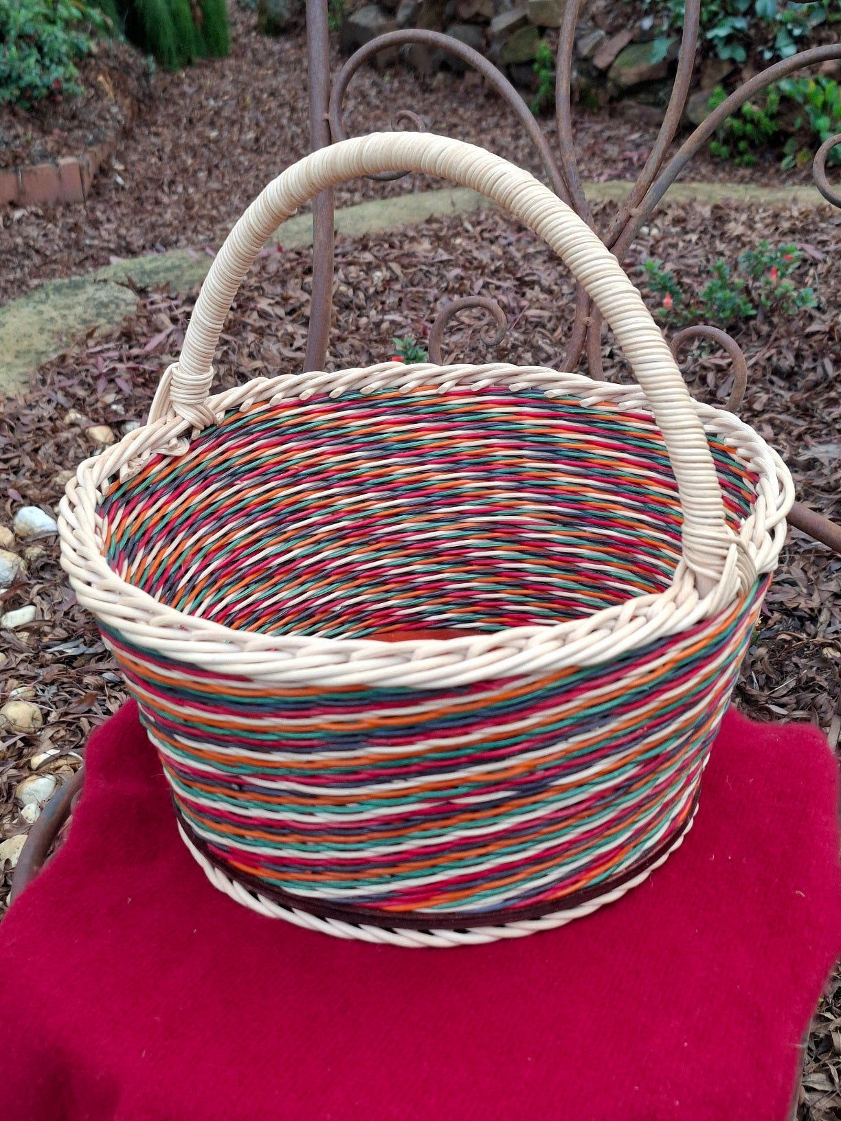 Large Round Market Basket orang, green, black, red, and natural.