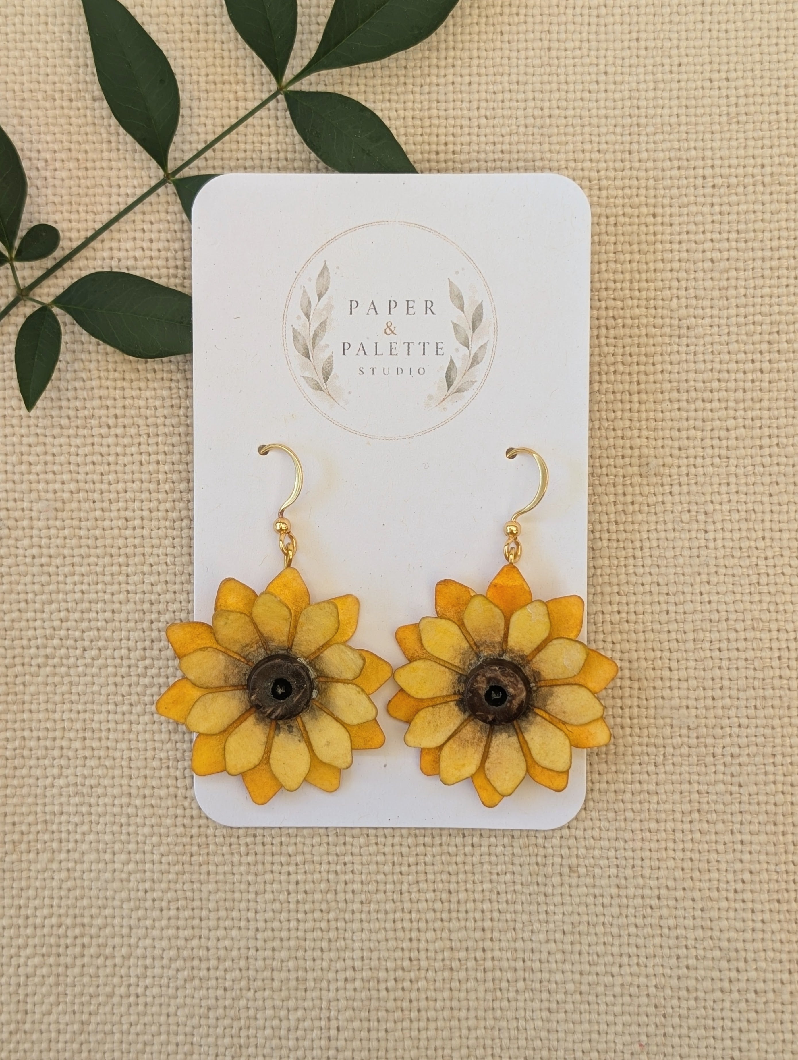 Sunflower Watercolour Paper Earrings | Handmade Floral Dangle Earrings