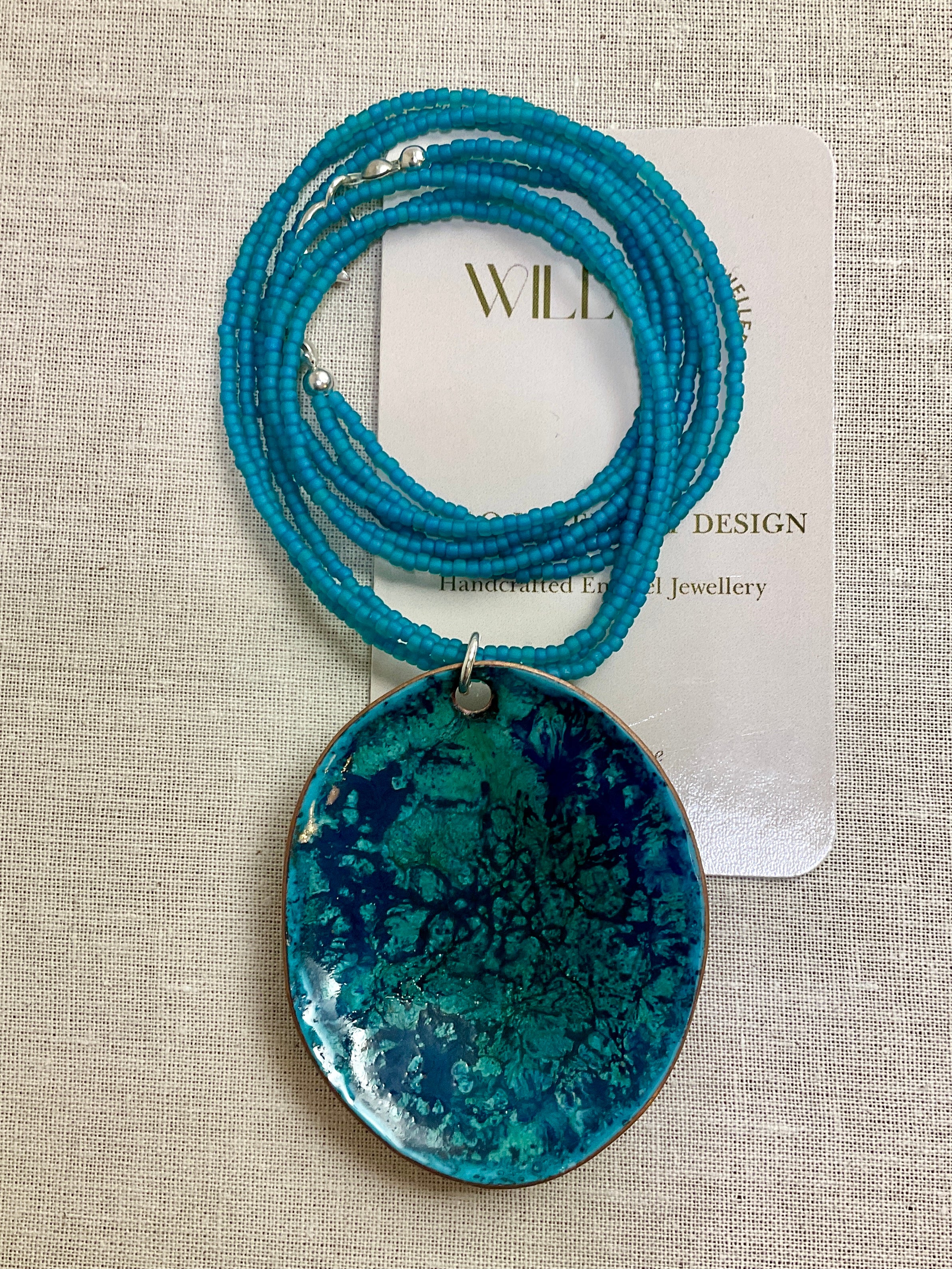 Turquoise pendant. Enamel and seed beads.