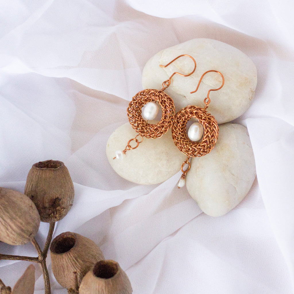 Copper Viking Wire Knit Earrings with Freshwater Pearls