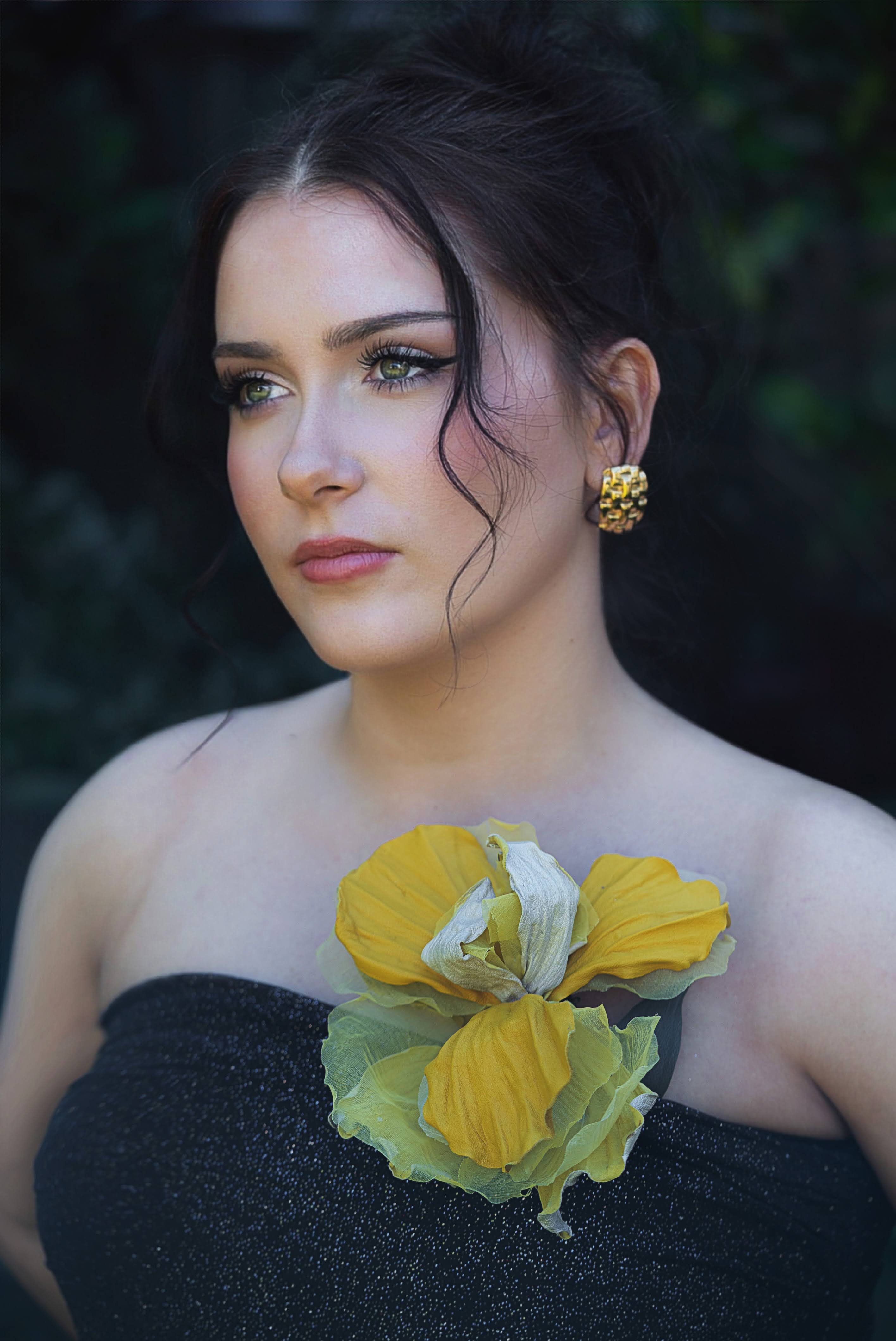Silk & Leather Iris “Golden Light”, Flower Brooch, Hair hat Clip, Corsage Flower