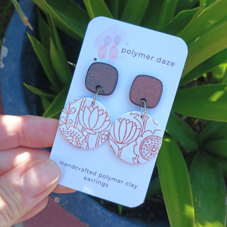 Silkscreen painted earrings with natural wood stud top