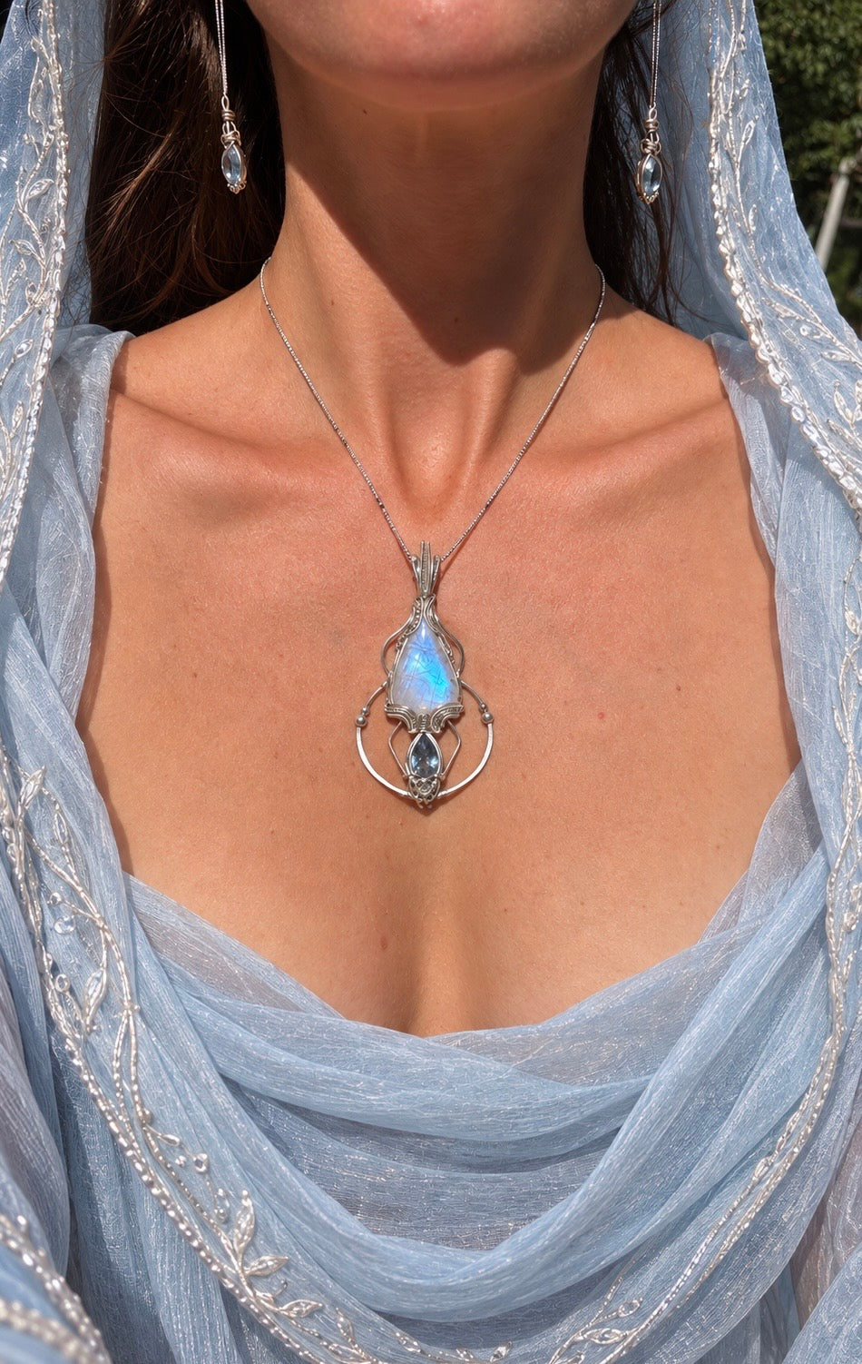 Moonstone, mystic Quartz fantasy geometry pendant