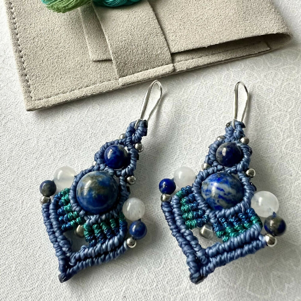 SOLD OUT Lapis Lazuli & Moonstone Macrame Earrings +Free Microfibre Pouch