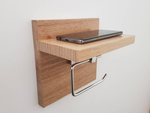 Tasmanian Oak Chrome Toilet Roll Holder with Shelf