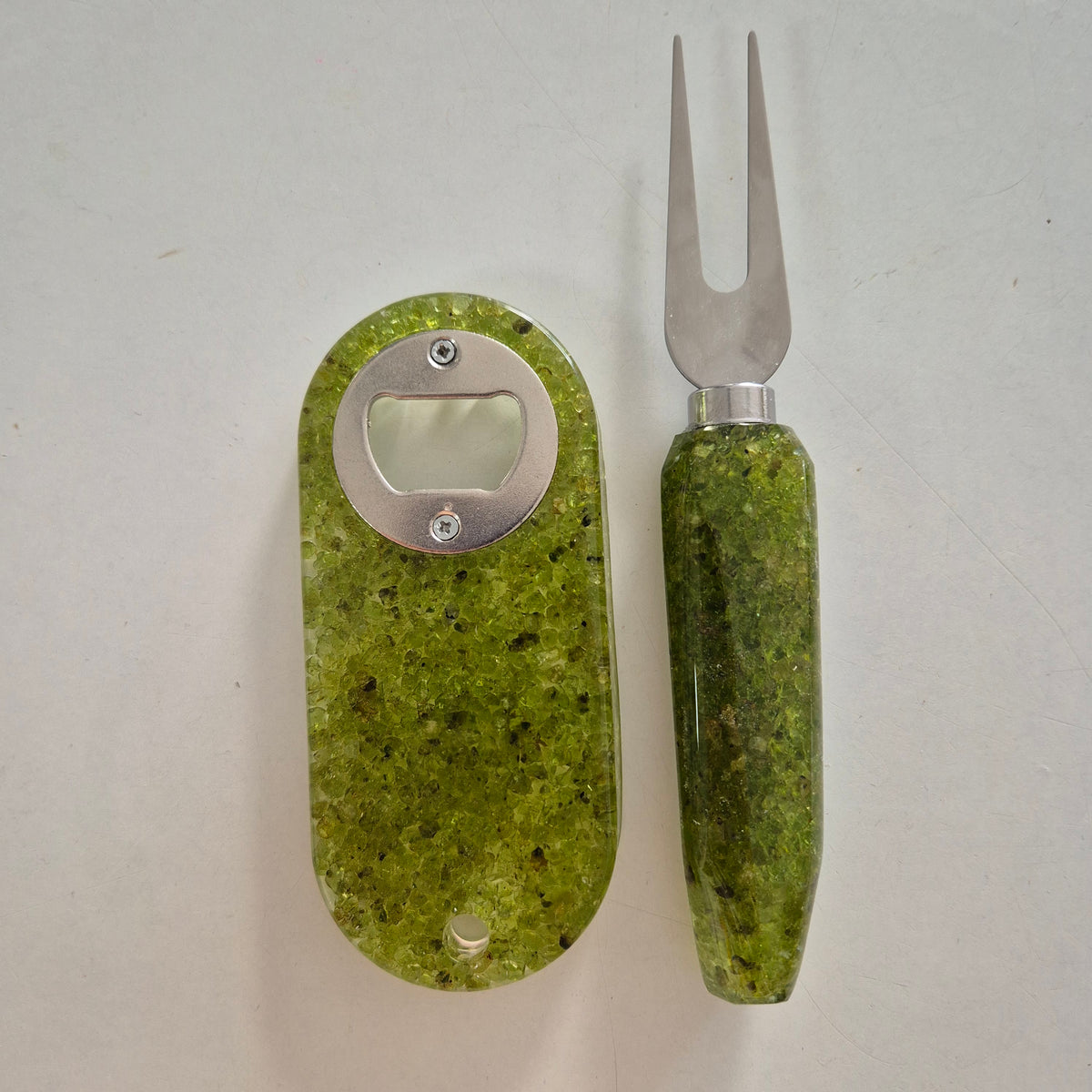 Resin bottle opener and cheese knife set with peridot