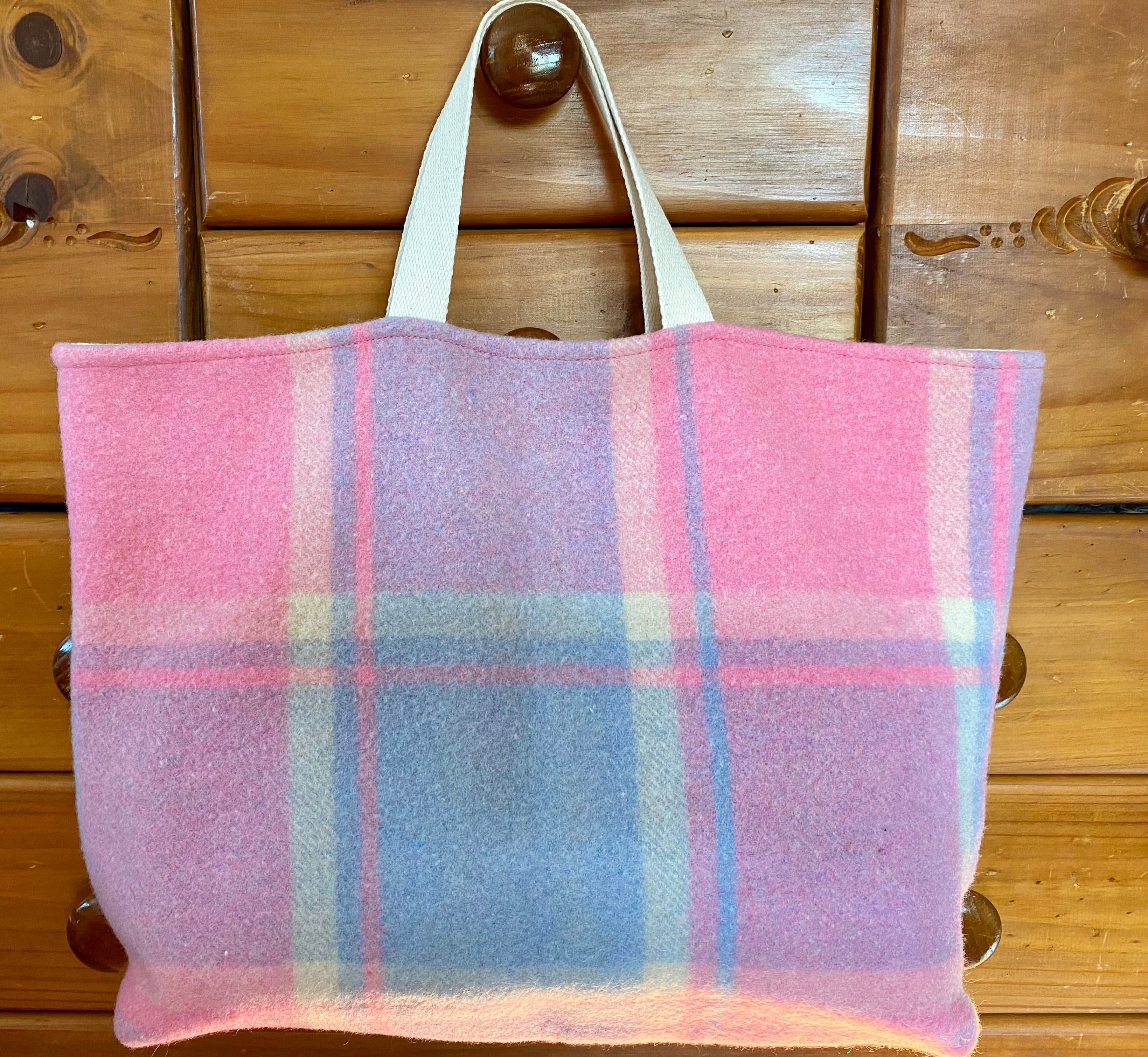 Upcycled Woollen Blanket - Market Tote - Pink/Blue
