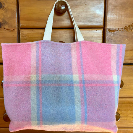 Upcycled Woollen Blanket - Market Tote - Pink/Blue