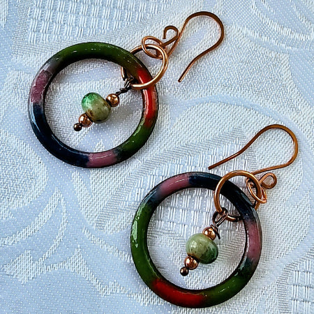 Multi Coloured Enamelled Hoops Featuring A Little Ceramic Bead