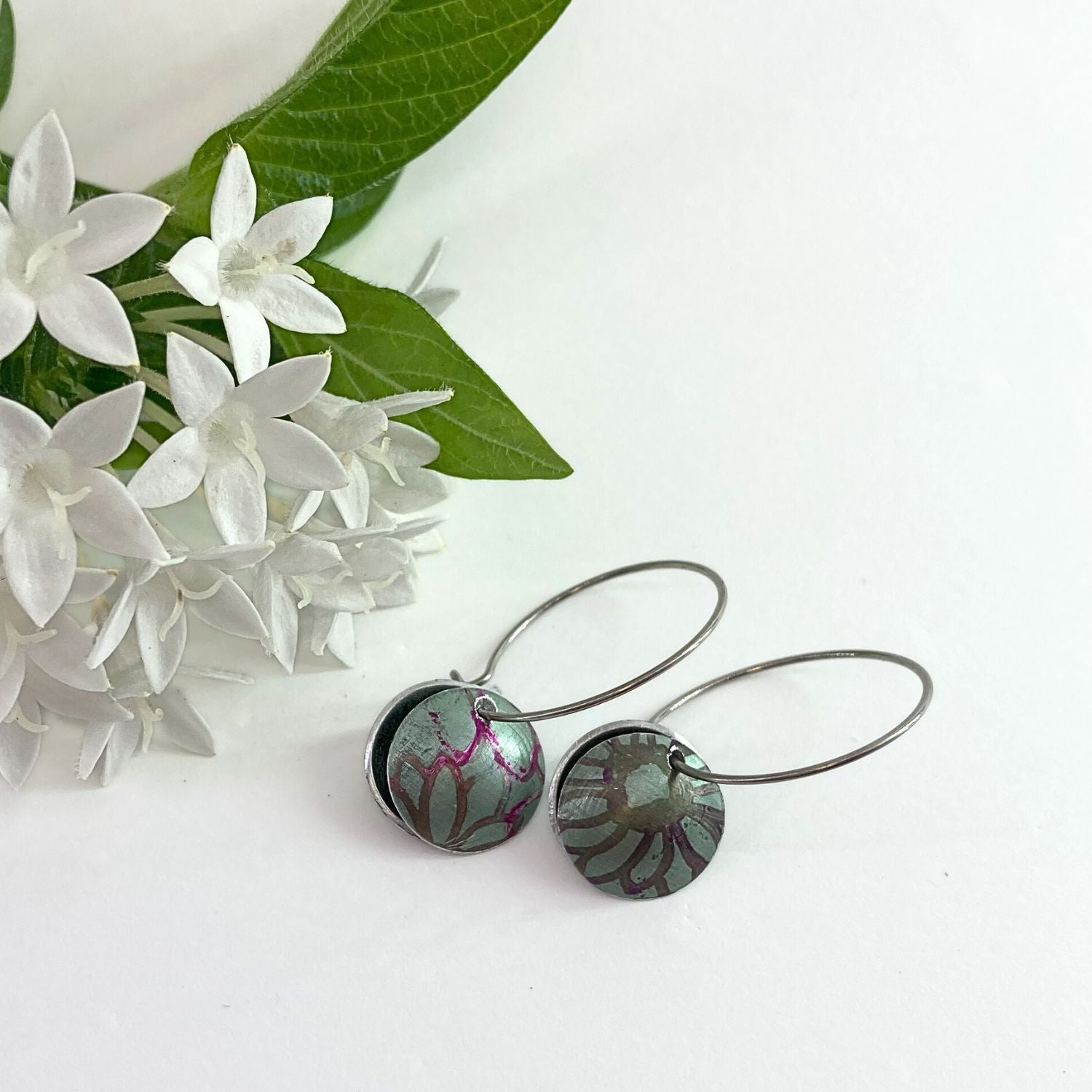 Anodised aluminium earrings hand printed - Midnight Velvet Collection