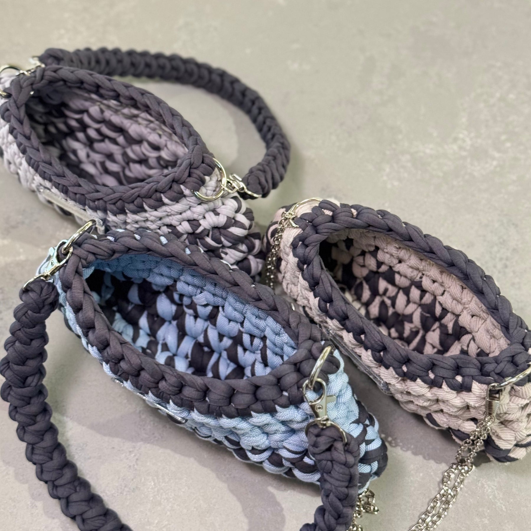Mini Shoulder Bag | Handmade Crochet Accessary | Sky x Charcoal Cotton & Recycled T-shirt Yarn