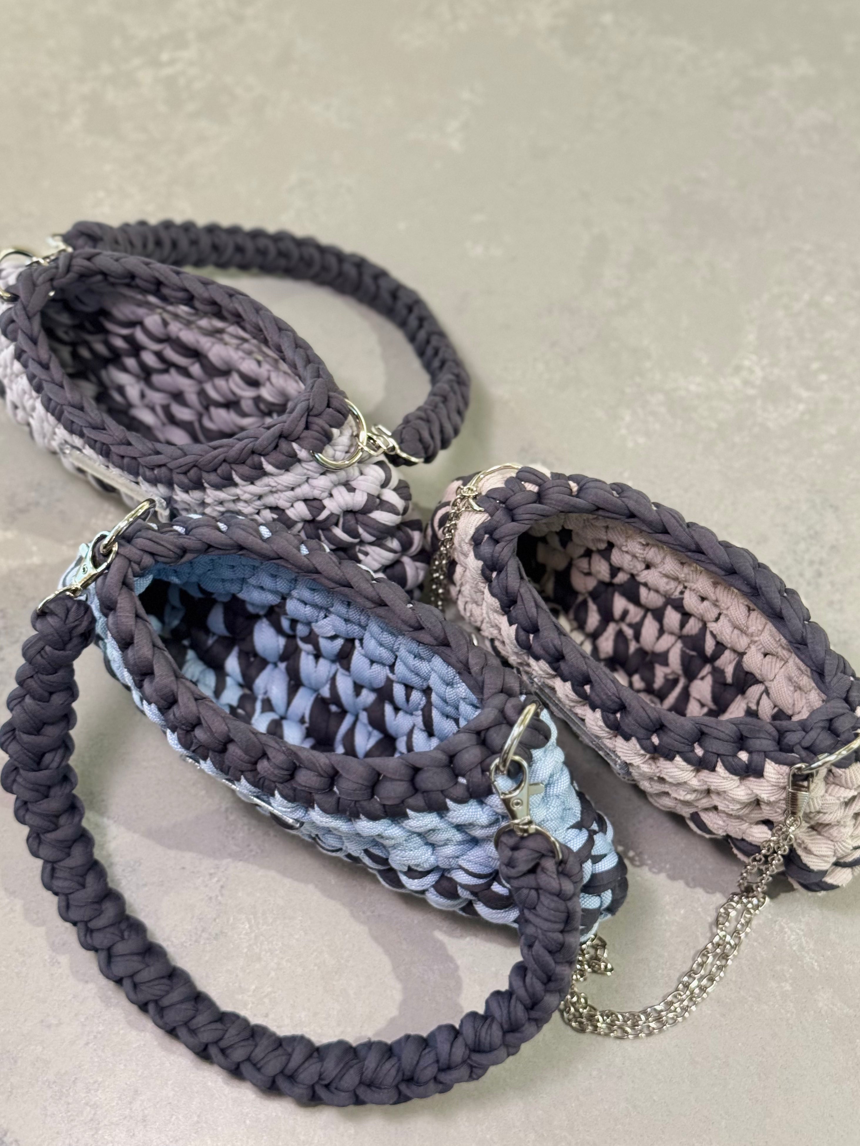Mini Shoulder Bag | Handmade Crochet Accessary | Sky x Charcoal Cotton & Recycled T-shirt Yarn