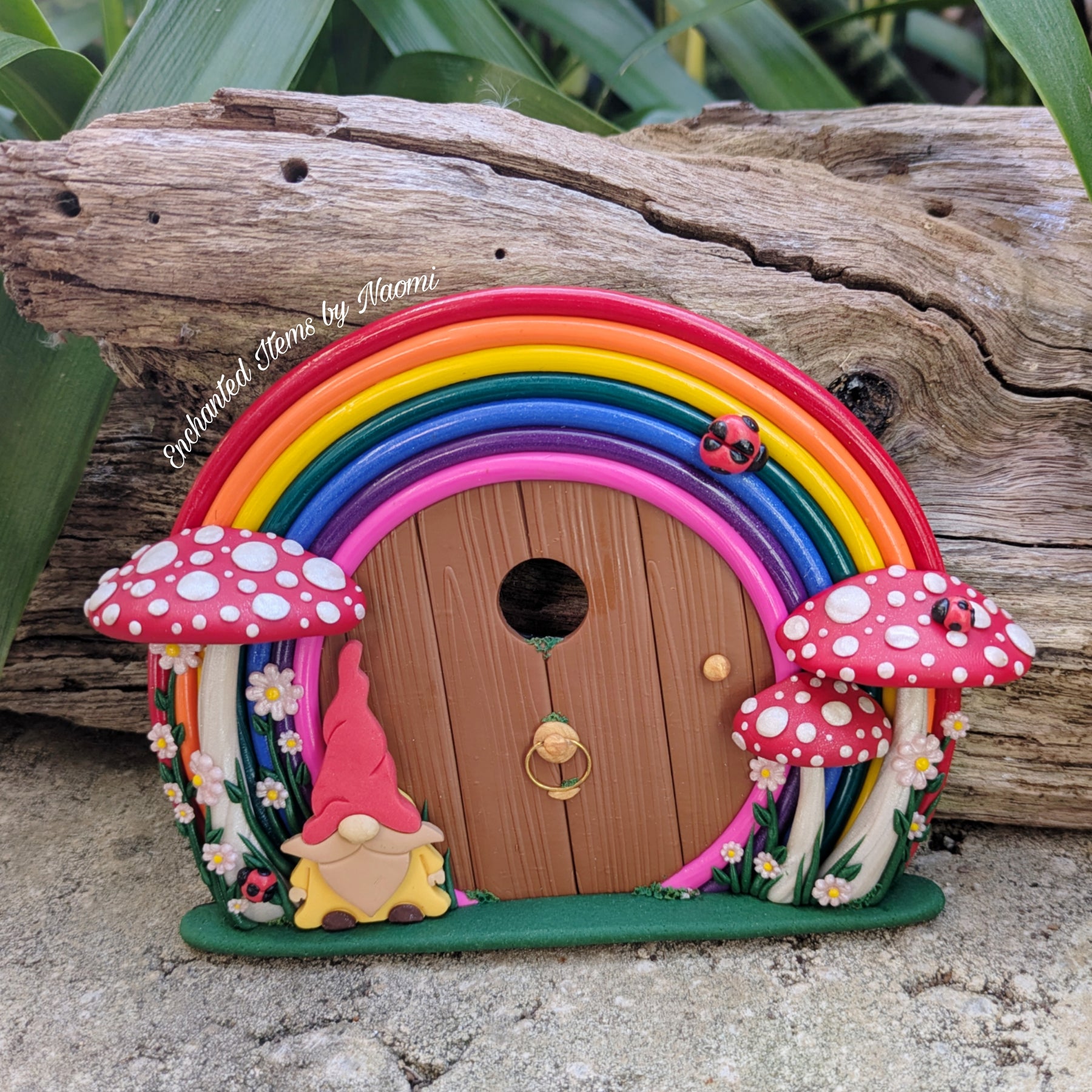 Rainbow Fairy Door with Gnome Visitor
