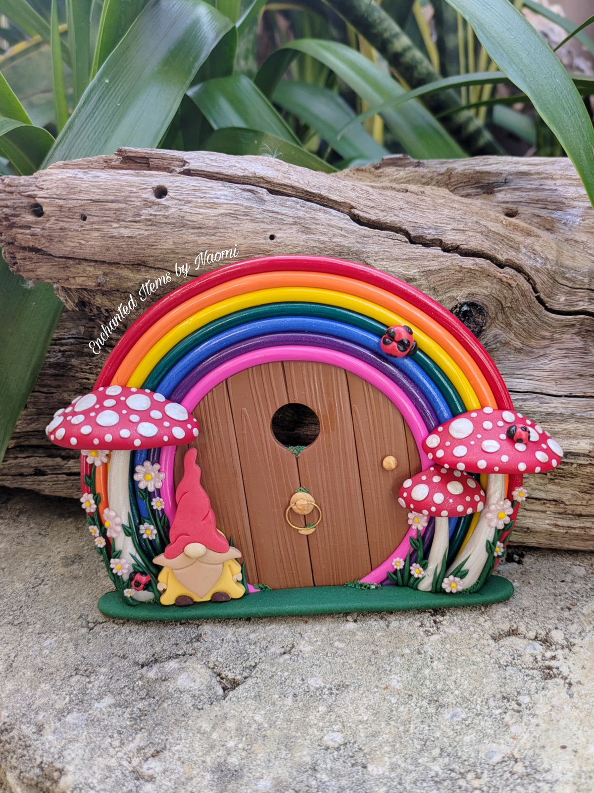 Rainbow Fairy Door with Gnome Visitor