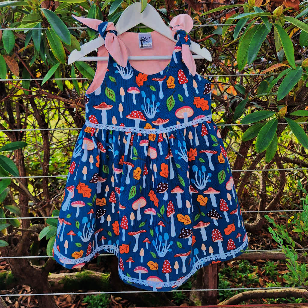 Girls Tie Shoulder, Corduroy Pinafore Dress | Toadstools | Size 3
